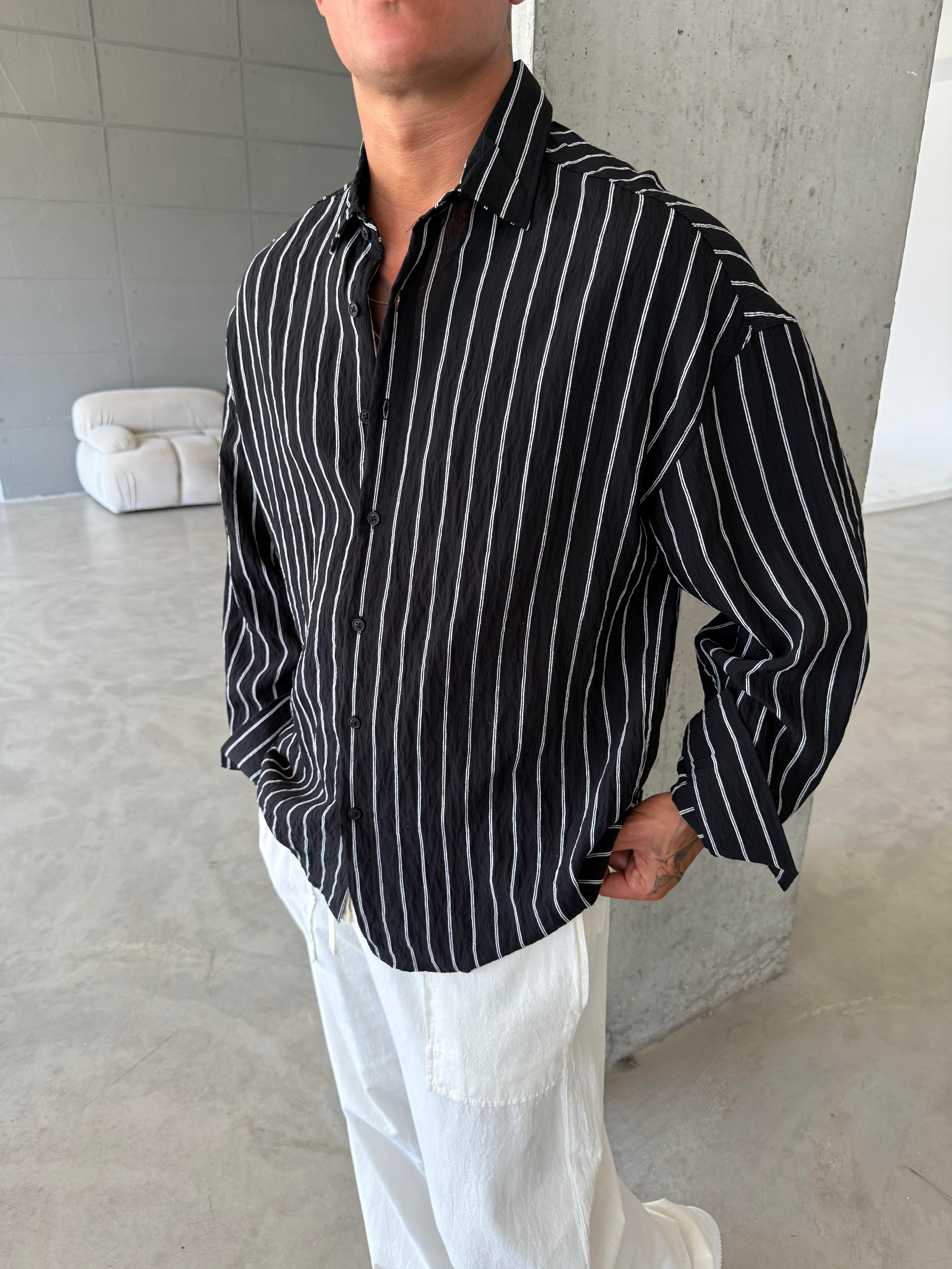 Cizgili Fresh Kumaş Gömlek - Siyah