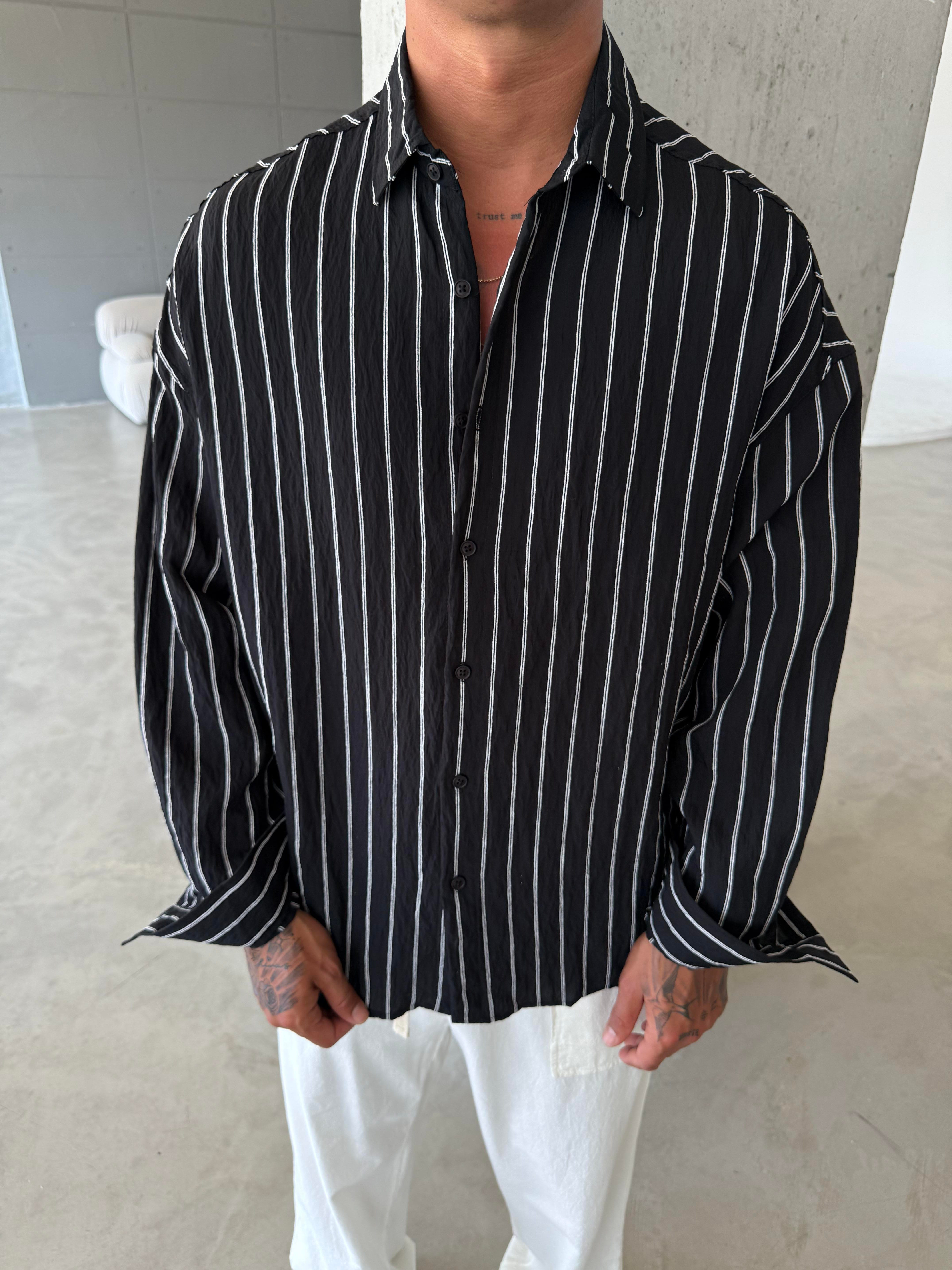 Cizgili Fresh Kumaş Gömlek - Siyah