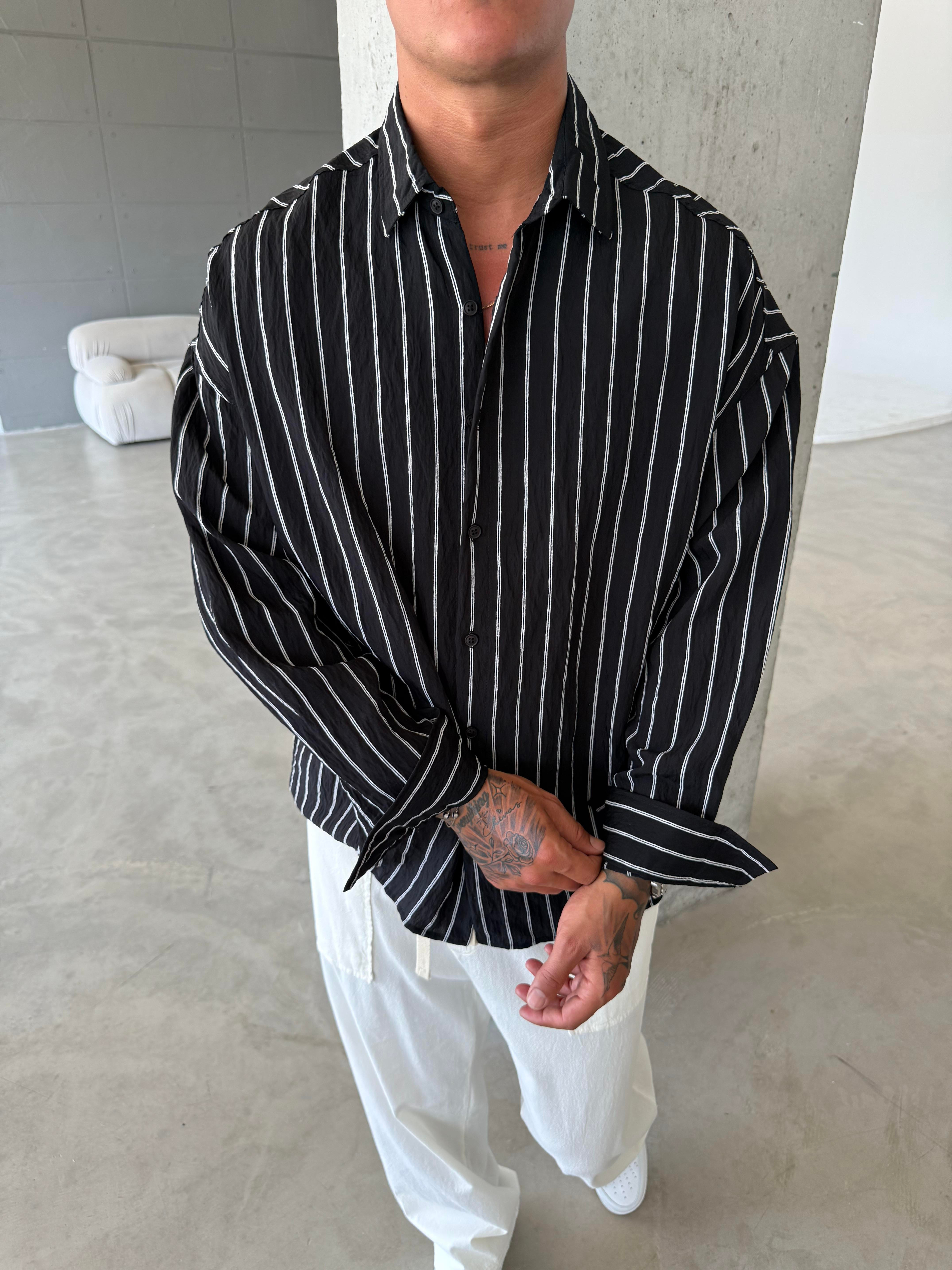 Cizgili Fresh Kumaş Gömlek - Siyah