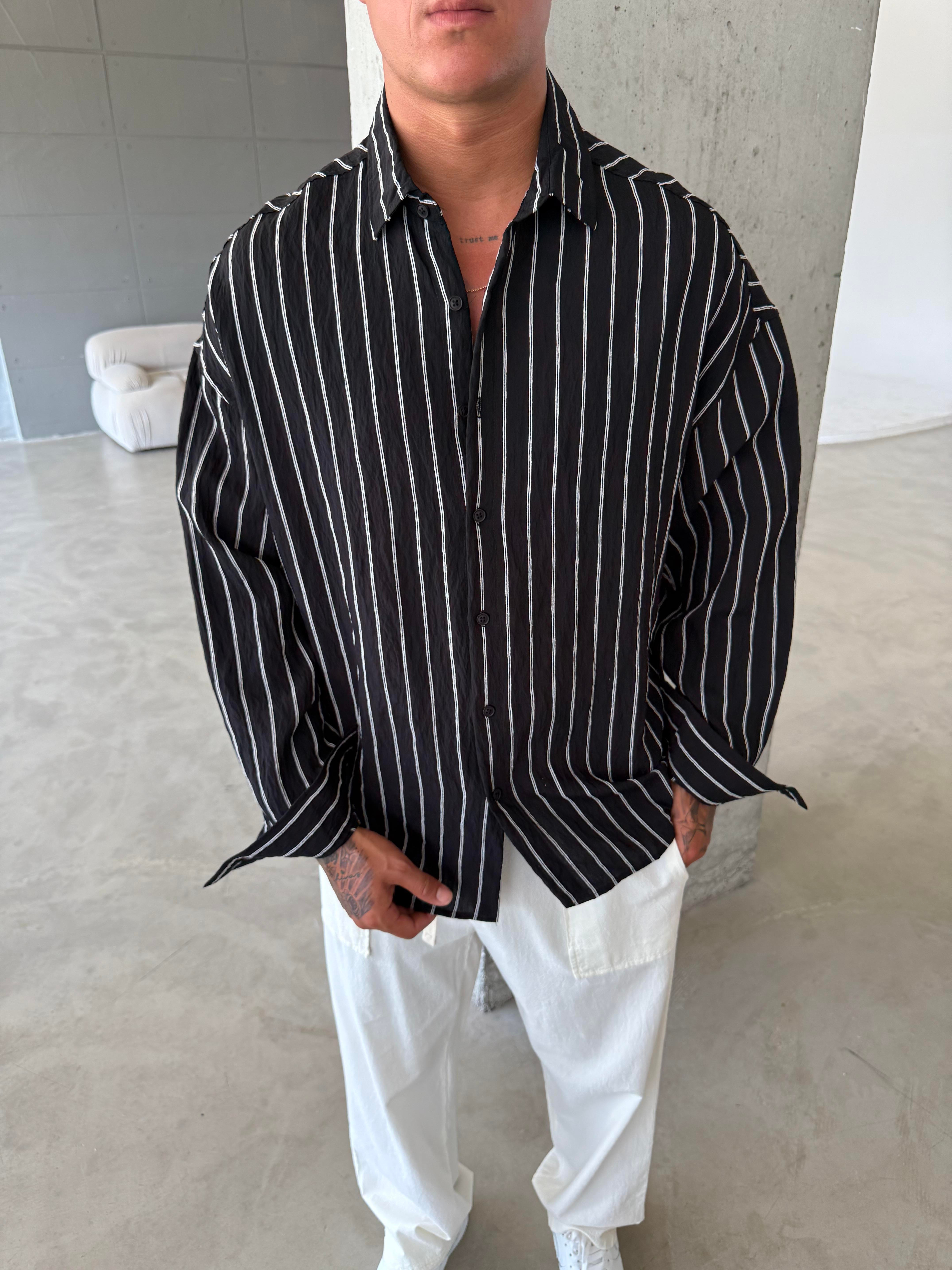 Cizgili Fresh Kumaş Gömlek - Siyah