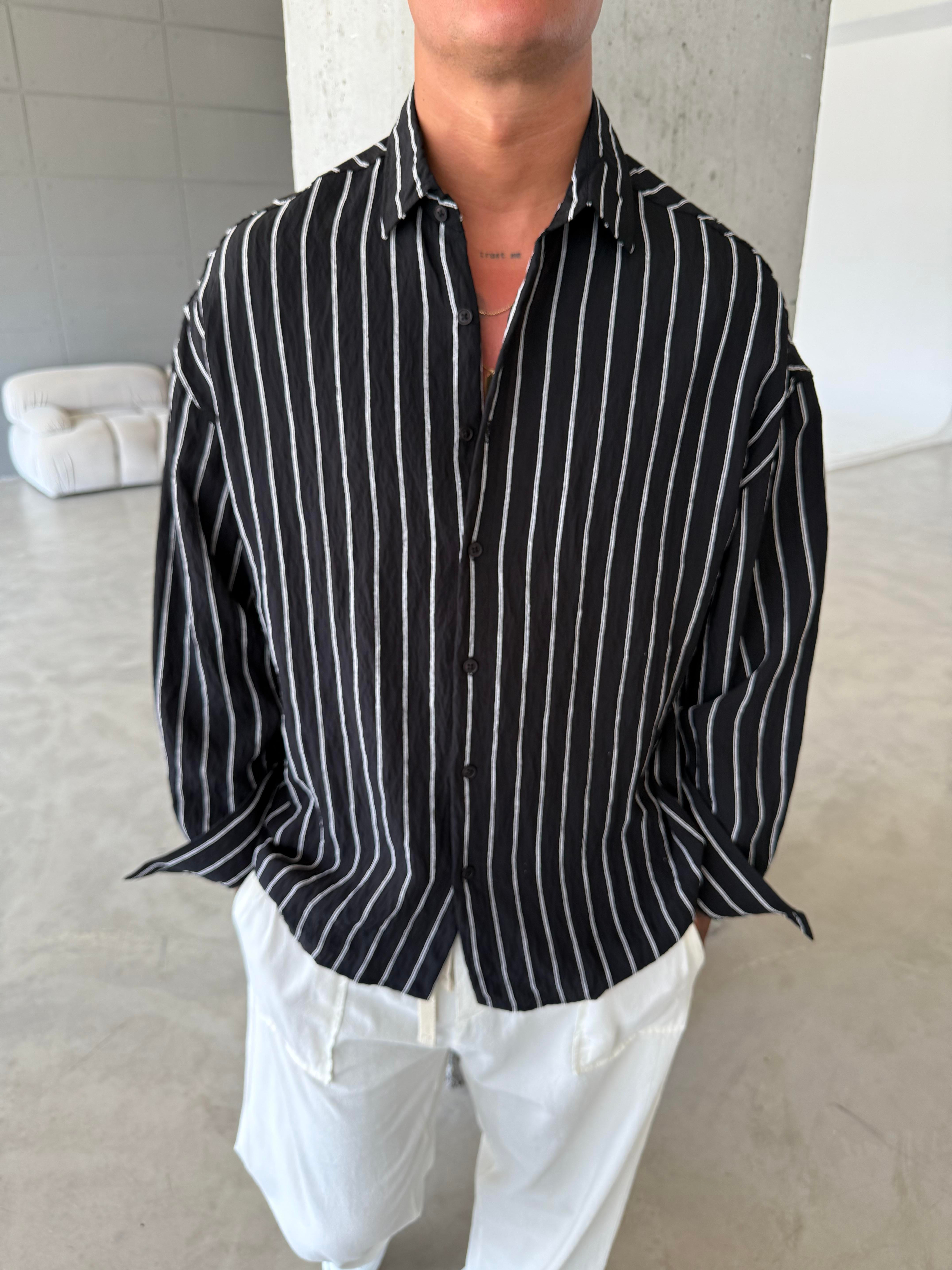 Cizgili Fresh Kumaş Gömlek - Siyah