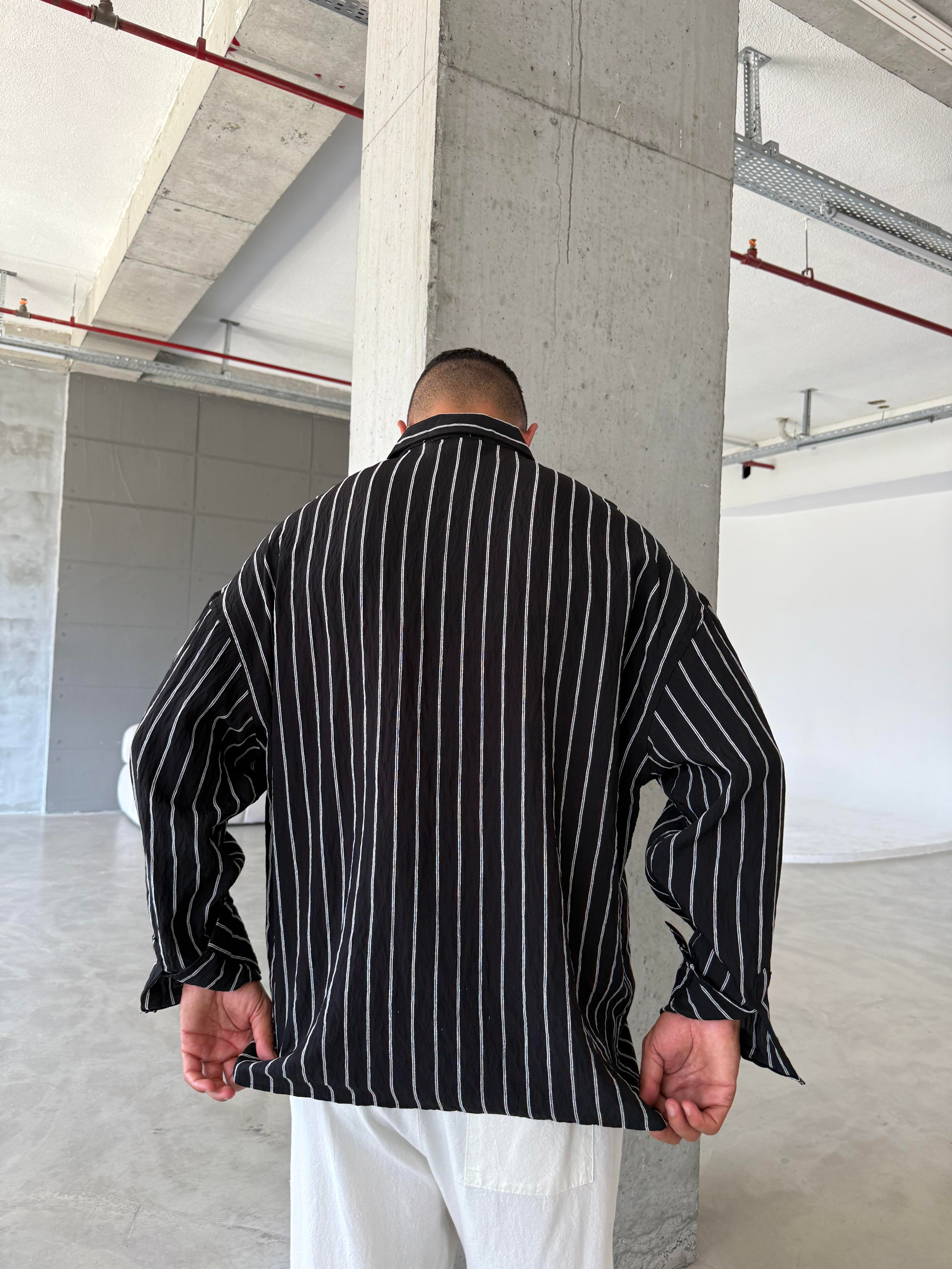 Cizgili Fresh Kumaş Gömlek - Siyah