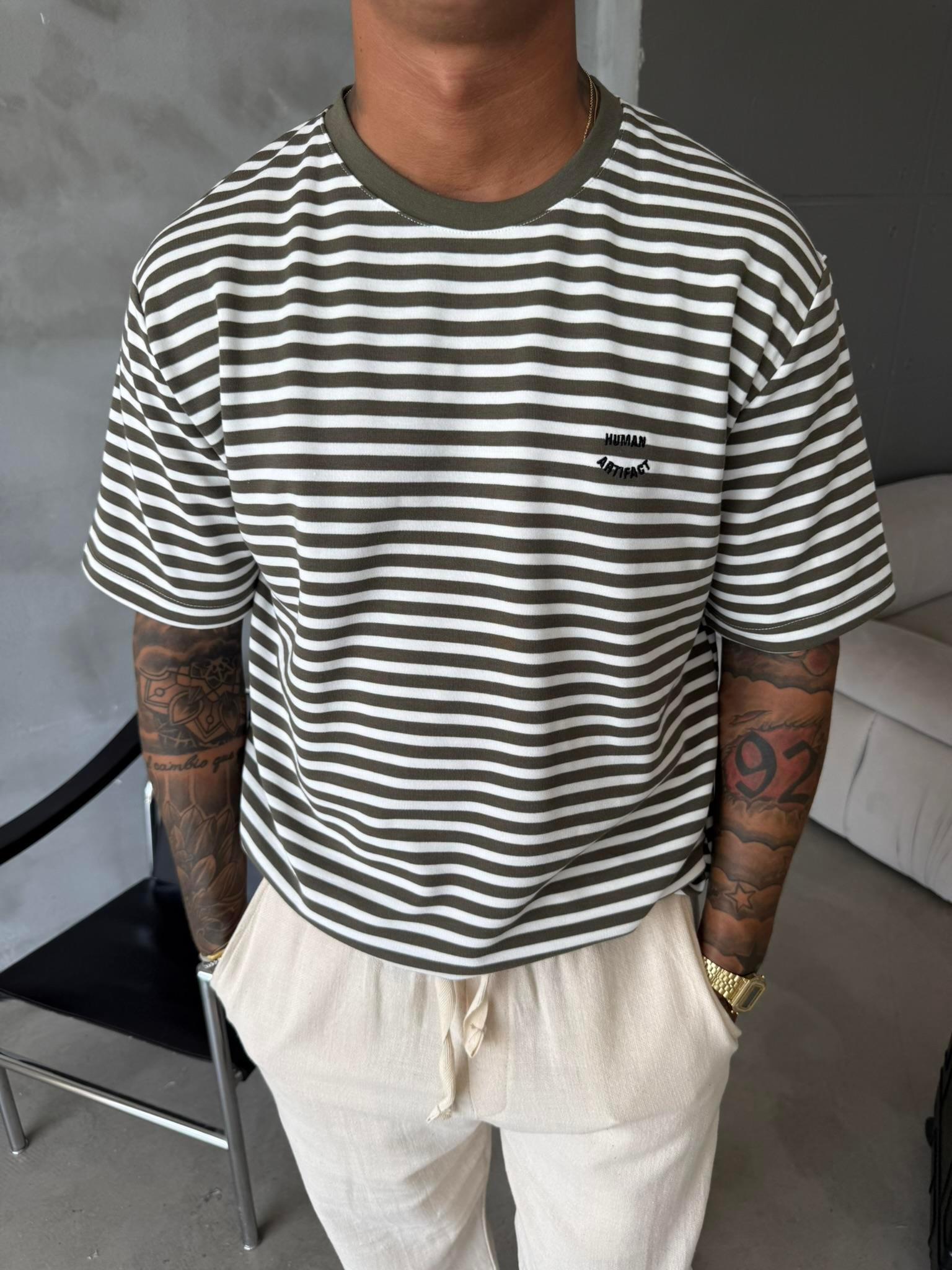 Cizgili Human Nakışlı T-Shirt - Haki