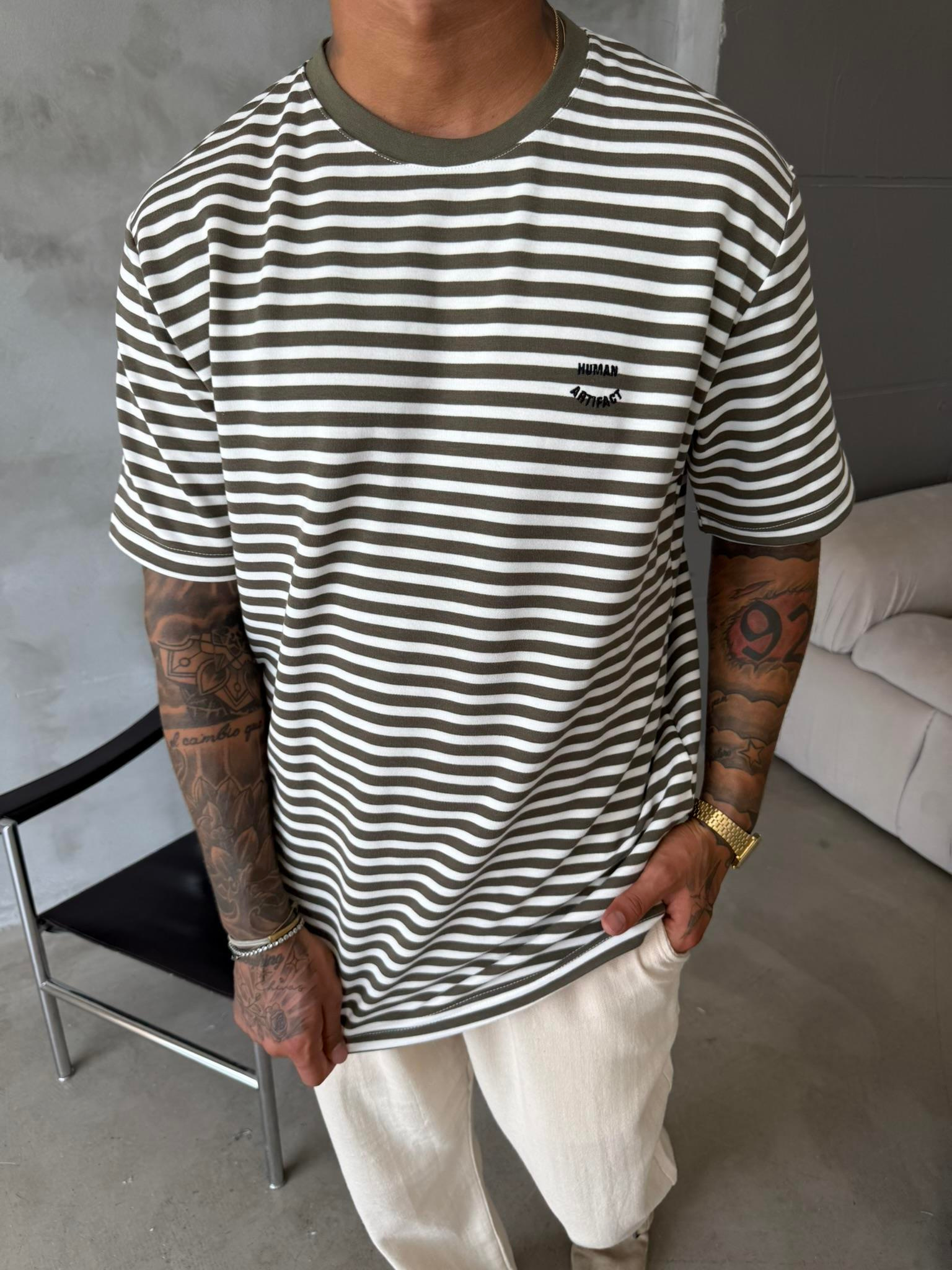 Cizgili Human Nakışlı T-Shirt - Haki