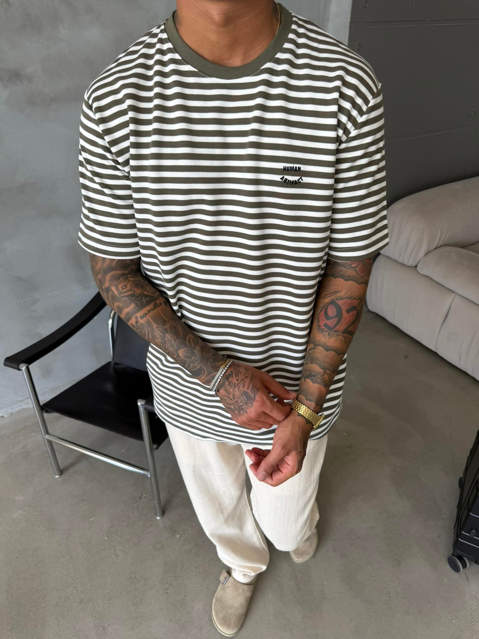 Cizgili Human Nakışlı T-Shirt - Haki