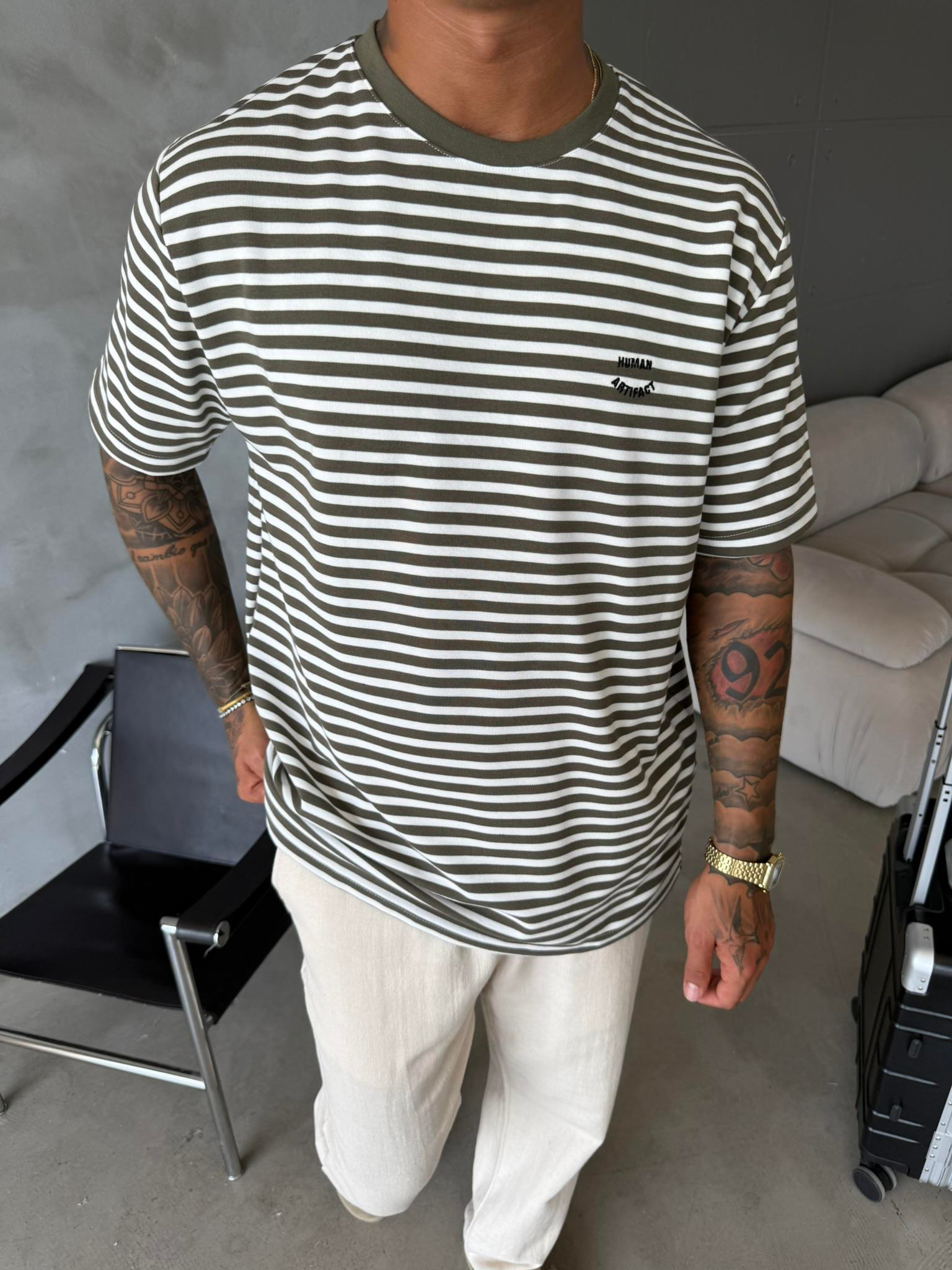 Cizgili Human Nakışlı T-Shirt - Haki