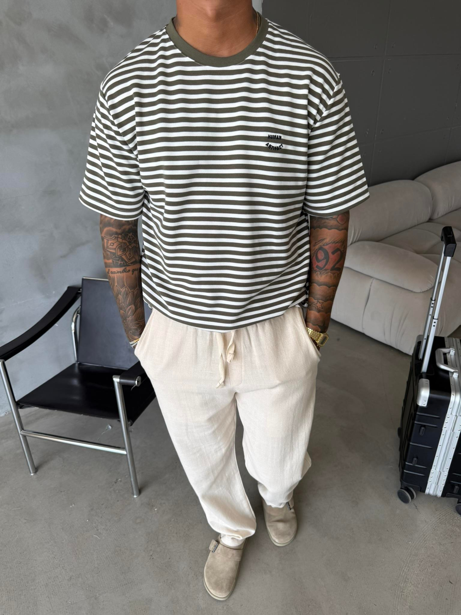 Cizgili Human Nakışlı T-Shirt - Haki