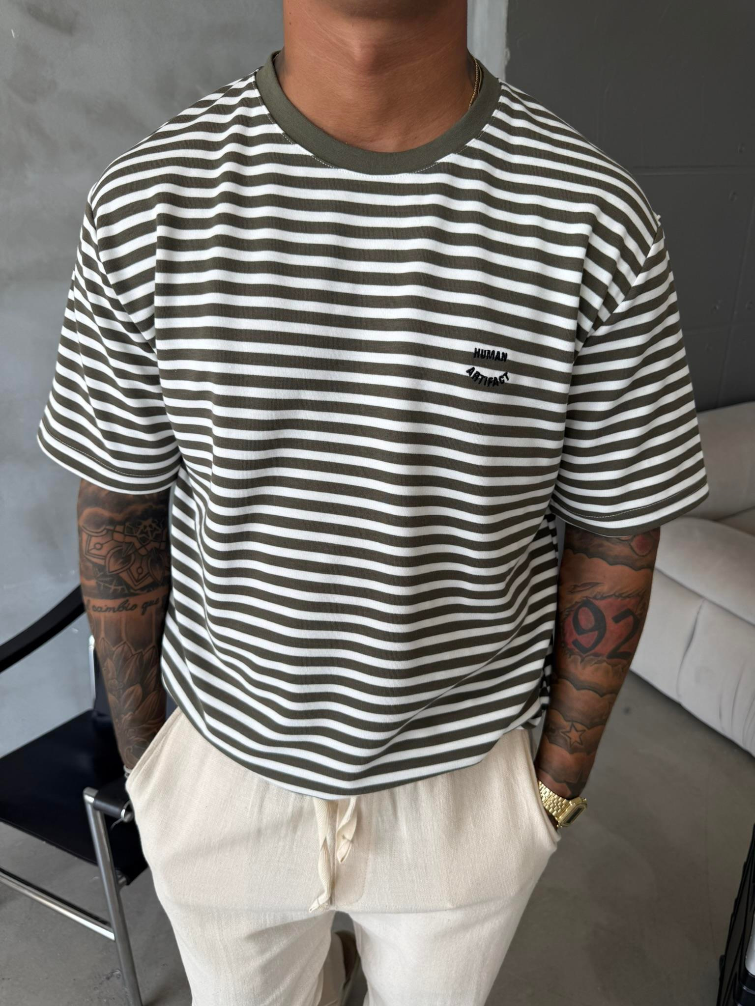 Cizgili Human Nakışlı T-Shirt - Haki