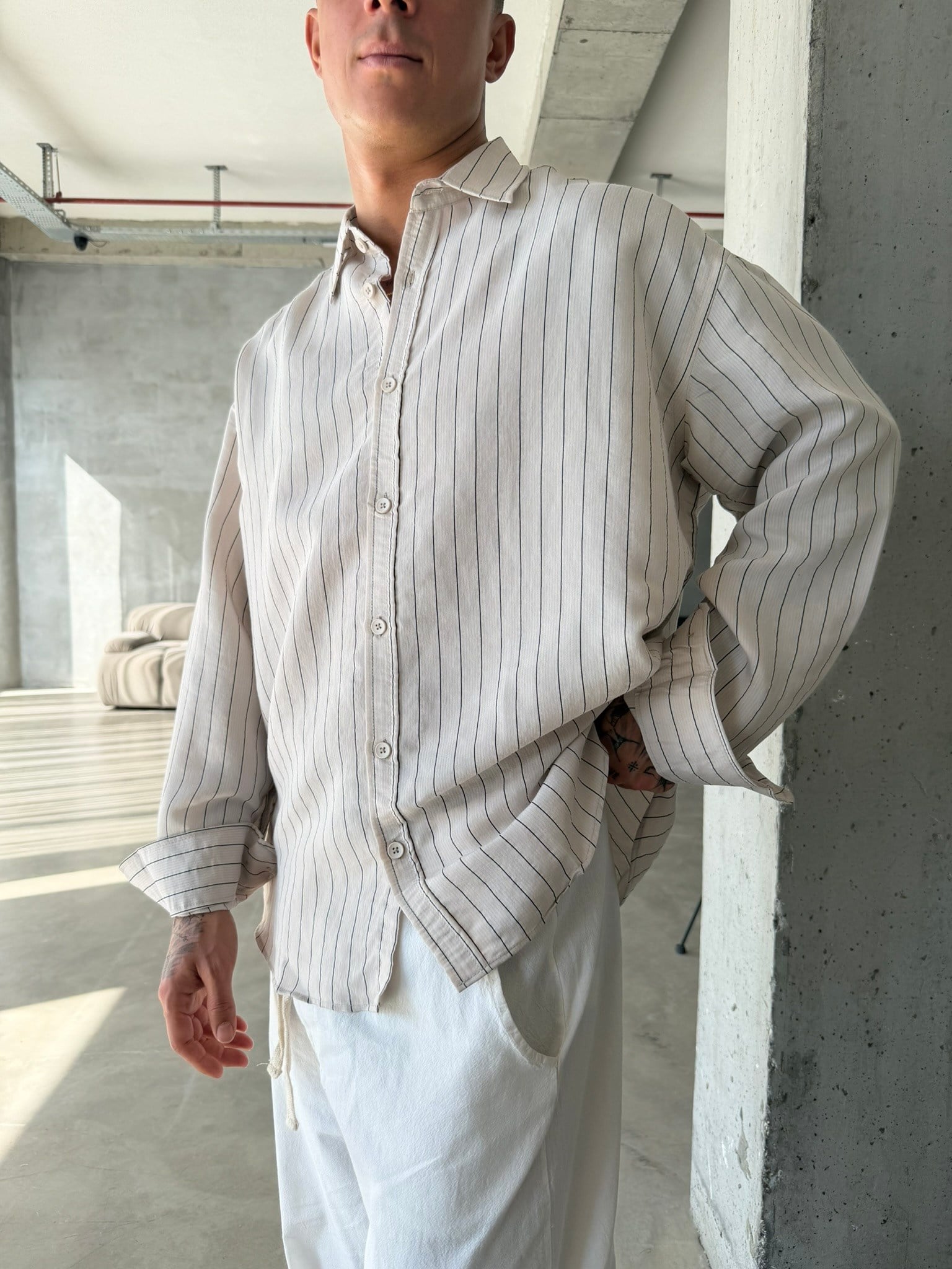 Cizgili Modal Basic Gömlek - Bej