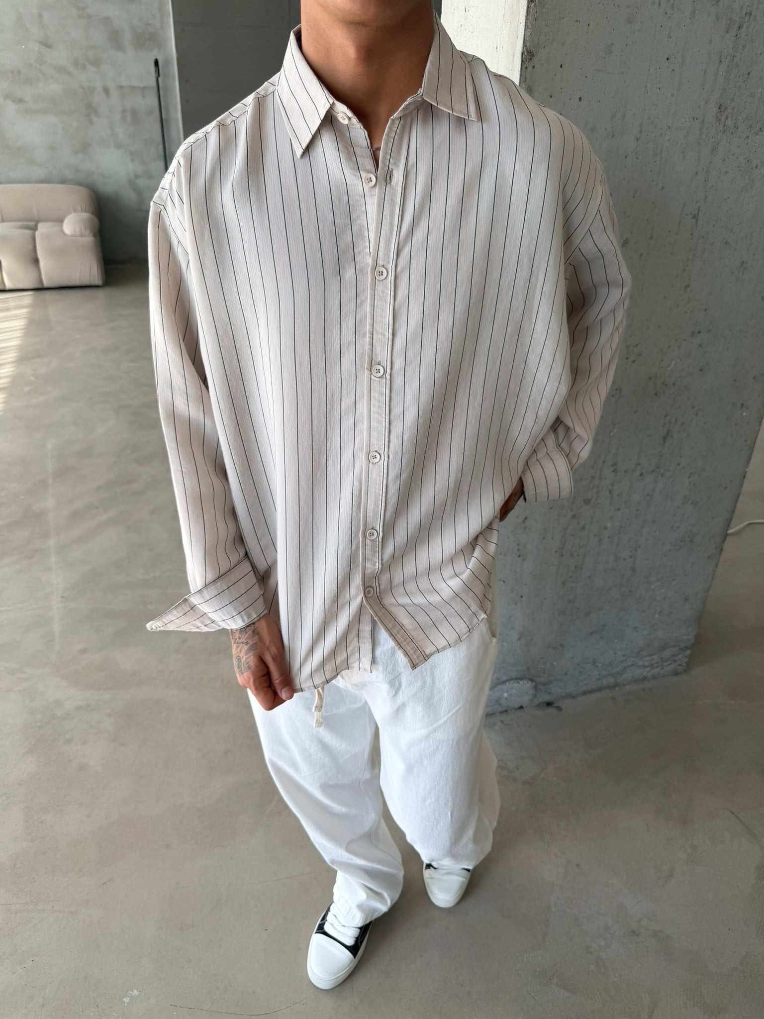 Cizgili Modal Basic Gömlek - Bej