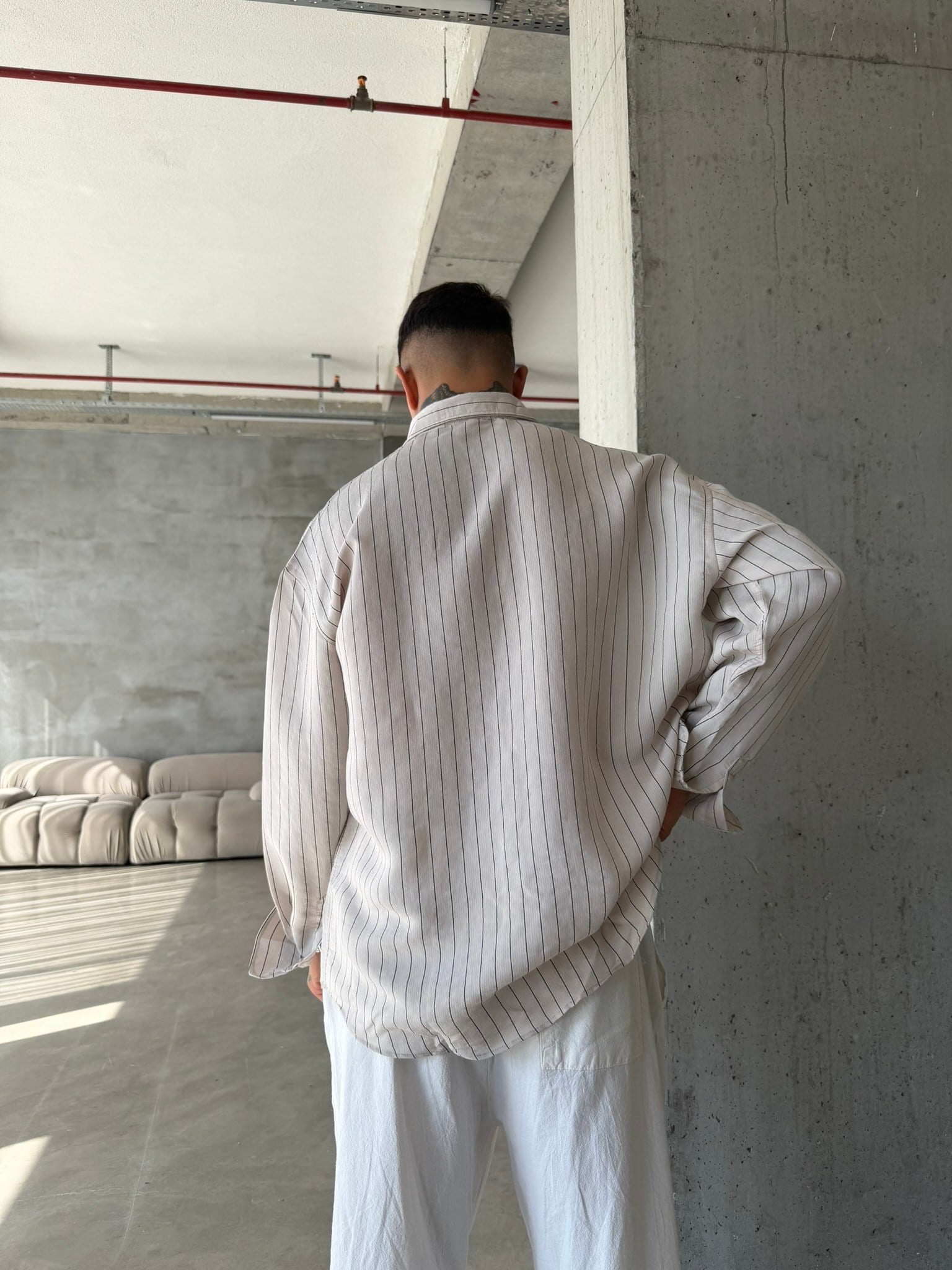 Cizgili Modal Basic Gömlek - Bej