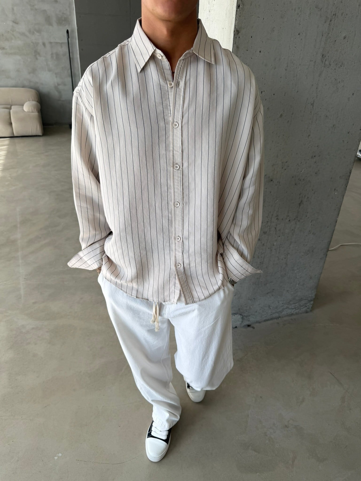 Cizgili Modal Basic Gömlek - Bej