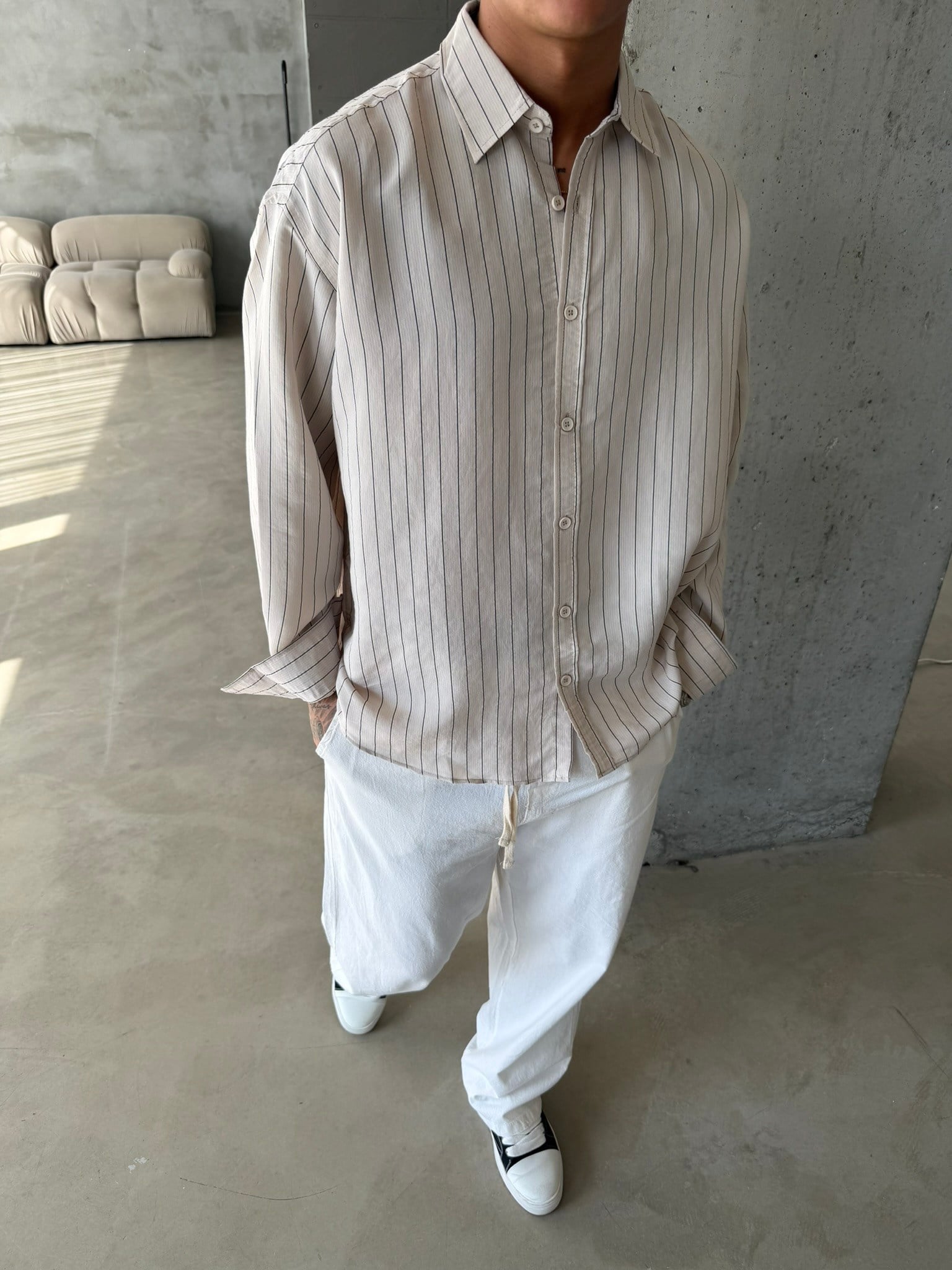 Cizgili Modal Basic Gömlek - Bej