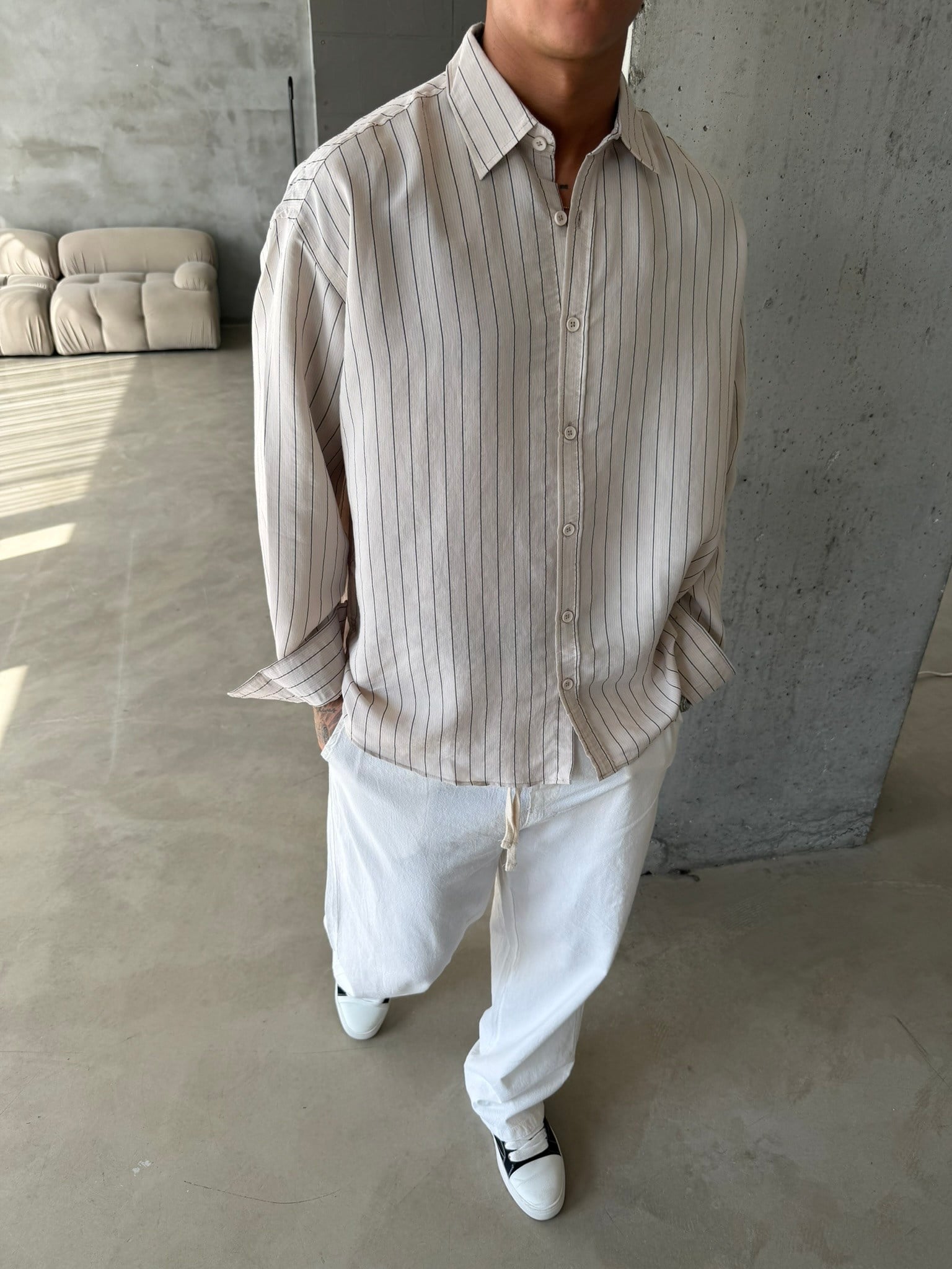 Cizgili Modal Basic Gömlek - Bej