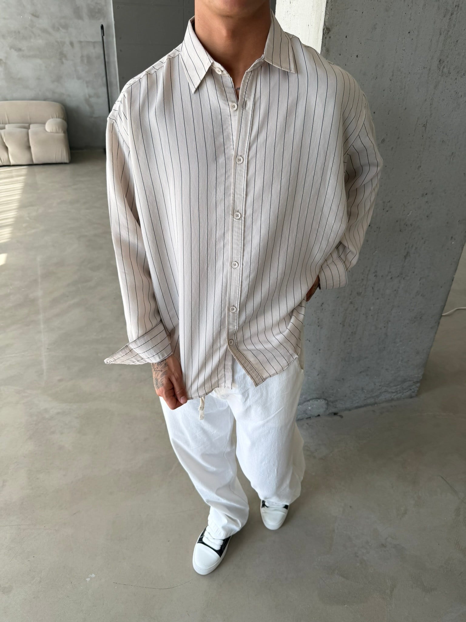 Cizgili Modal Basic Gömlek - Bej