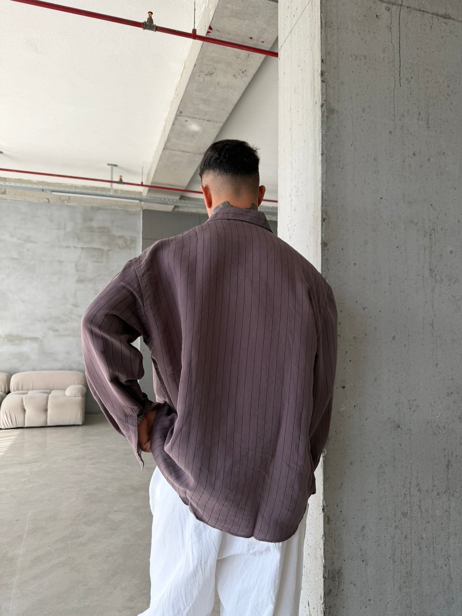 Cizgili Modal Basic Gömlek - Kahve