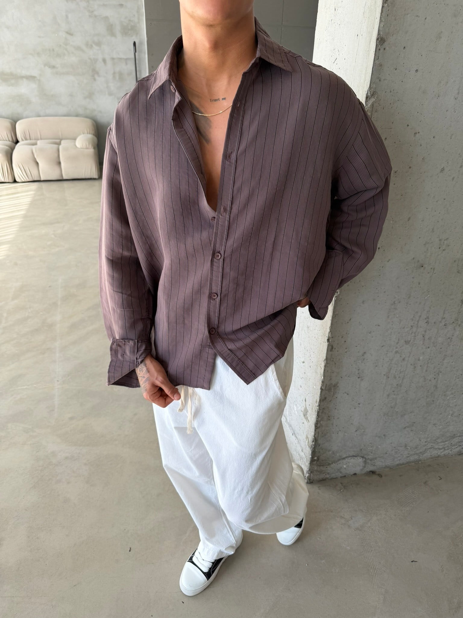 Cizgili Modal Basic Gömlek - Kahve