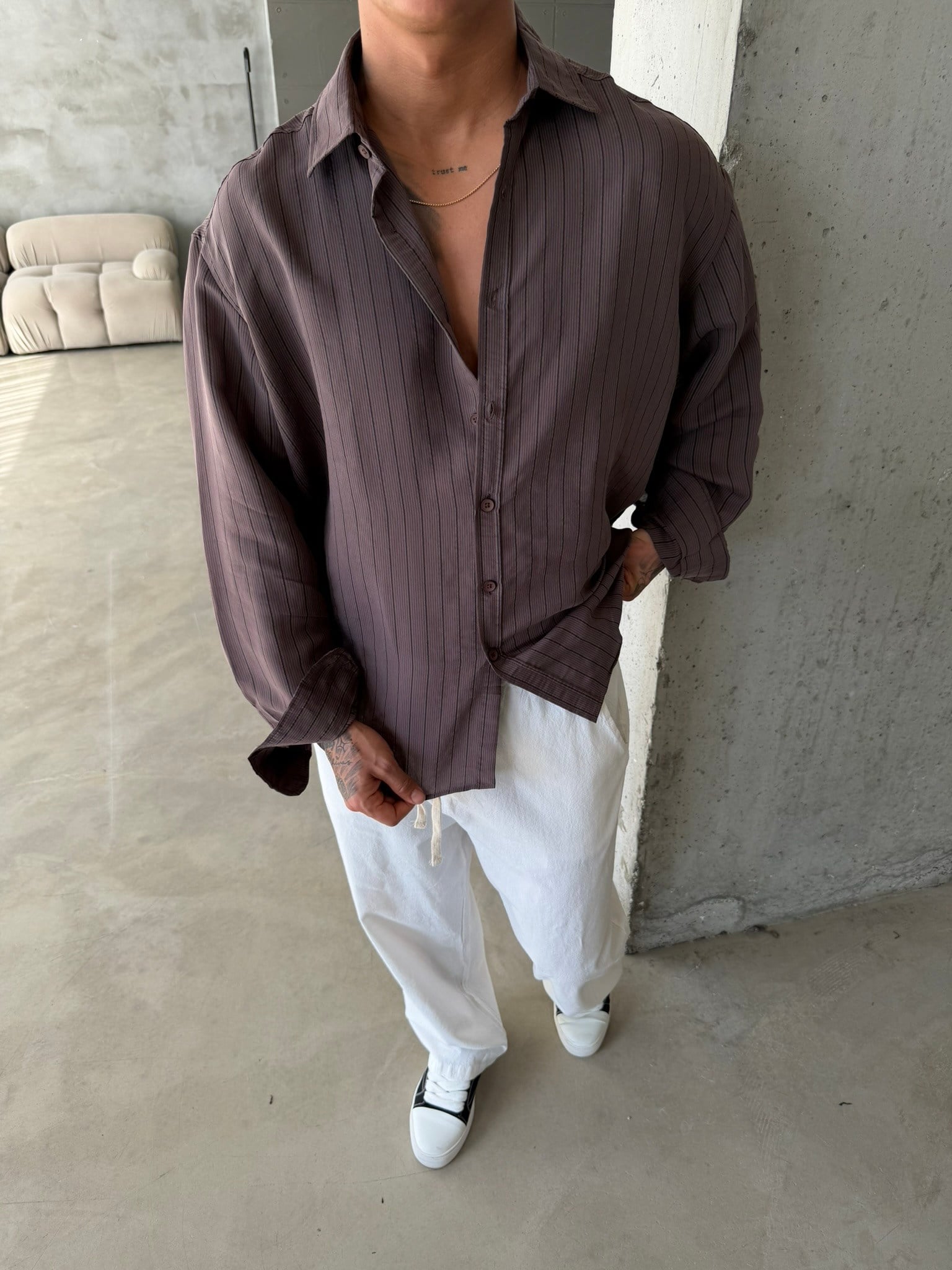 Cizgili Modal Basic Gömlek - Kahve