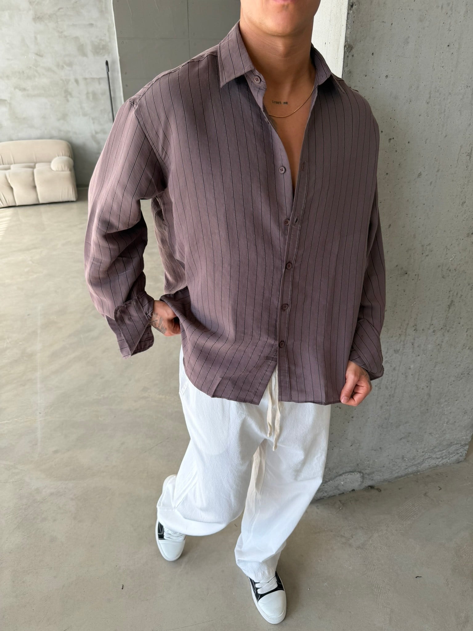 Cizgili Modal Basic Gömlek - Kahve