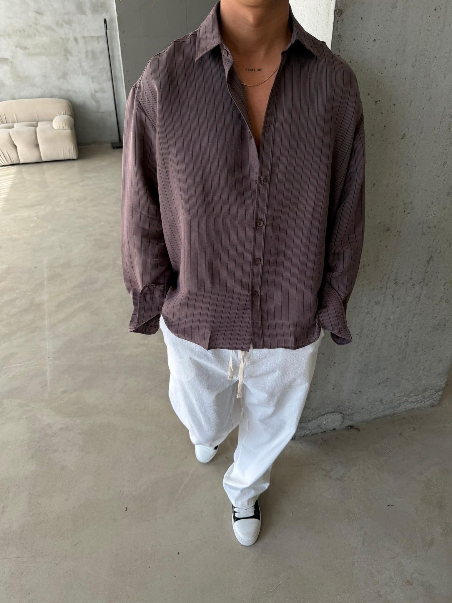 Cizgili Modal Basic Gömlek - Kahve