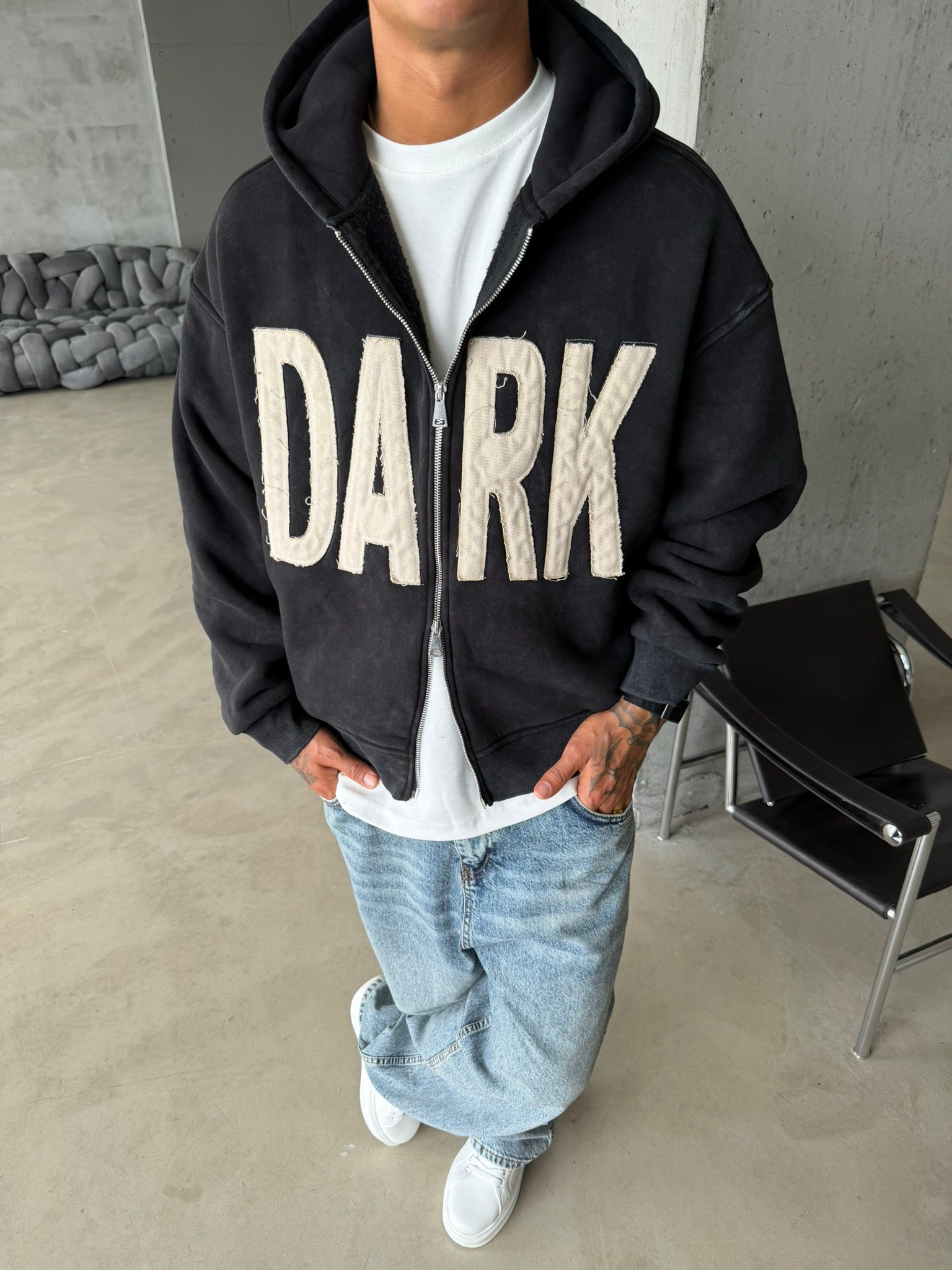 DARK Washed Premium Acid Yıkama Zİp Hoodie