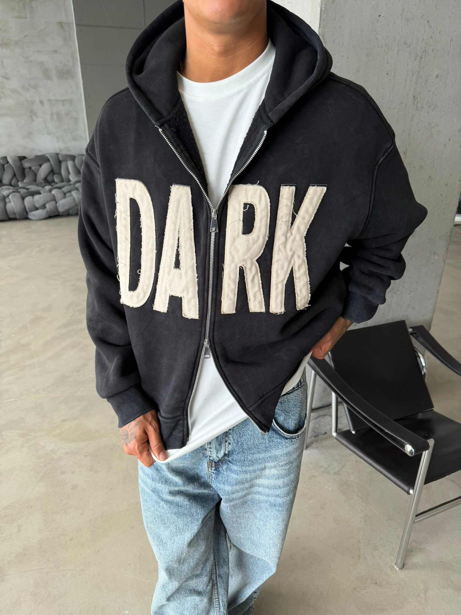 DARK Washed Premium Acid Yıkama Zİp Hoodie