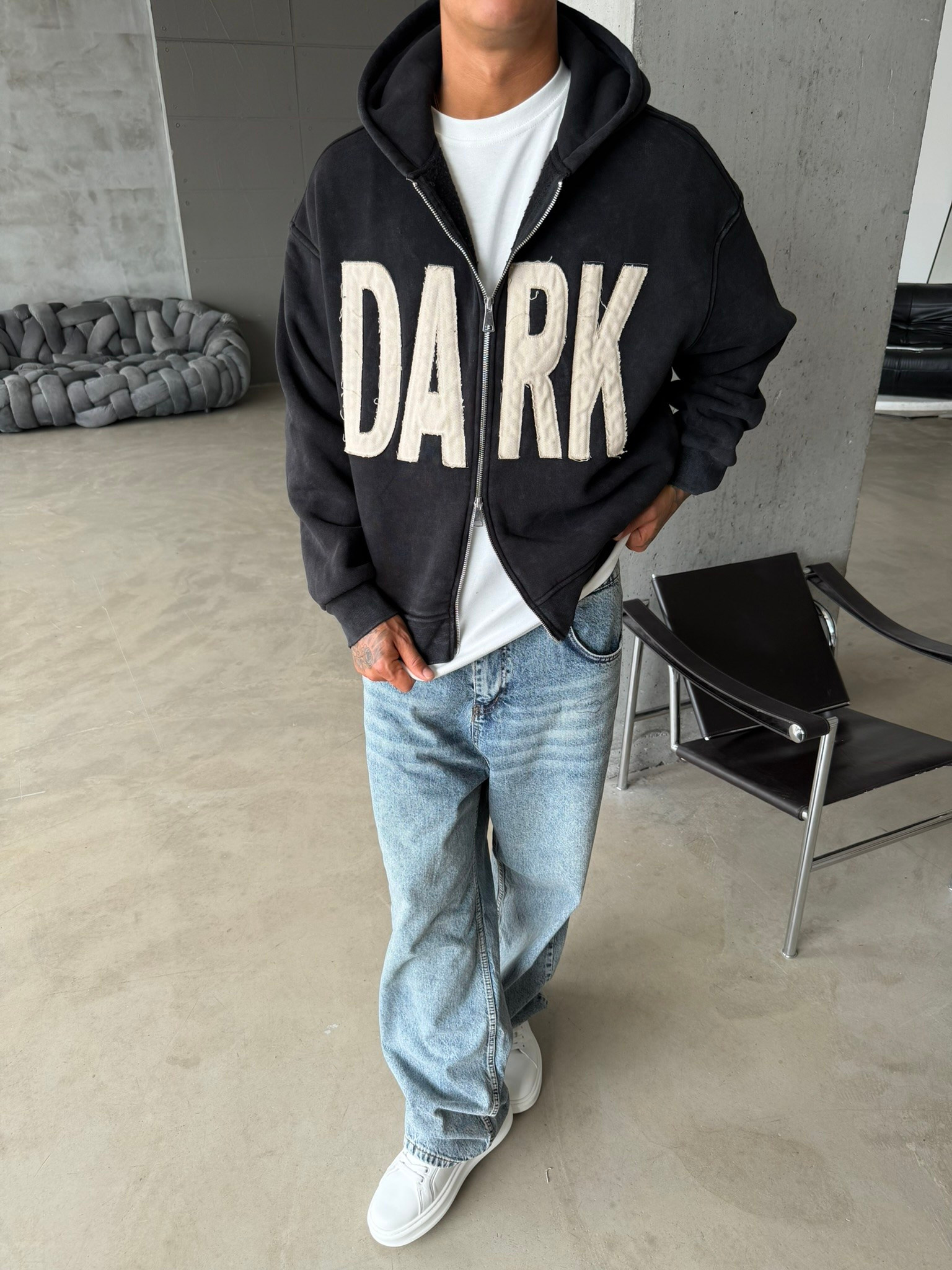 DARK Washed Premium Acid Yıkama Zİp Hoodie