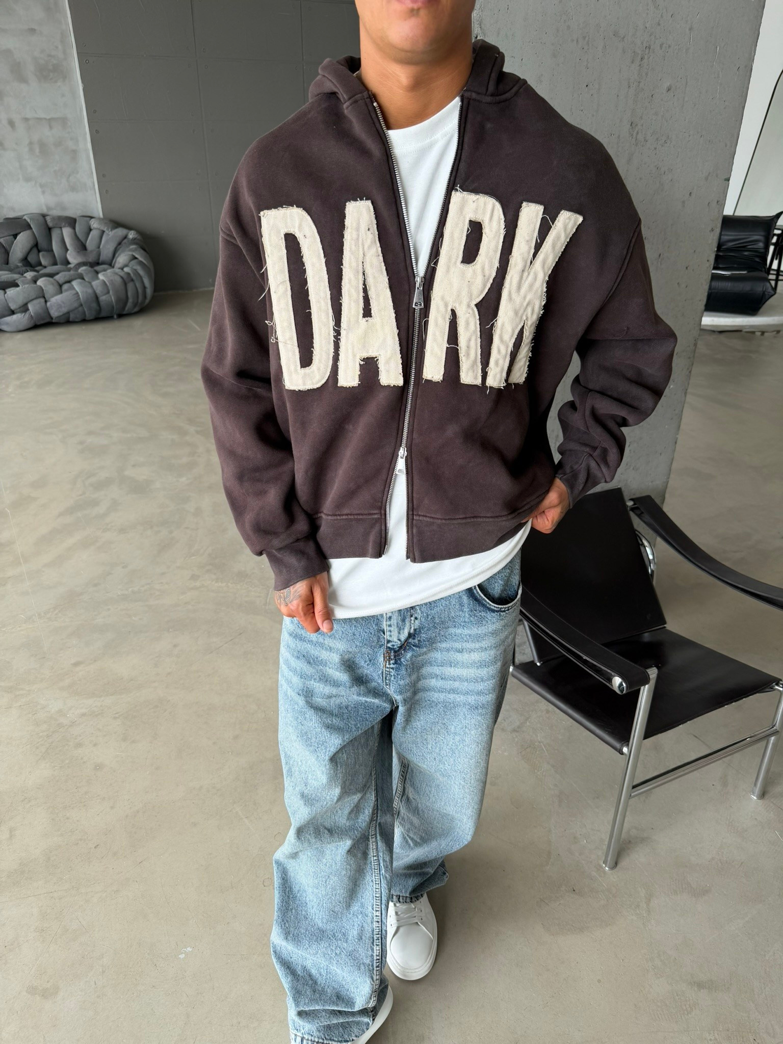 DARK Washed Premium Acid Yıkama Zİp Hoodie