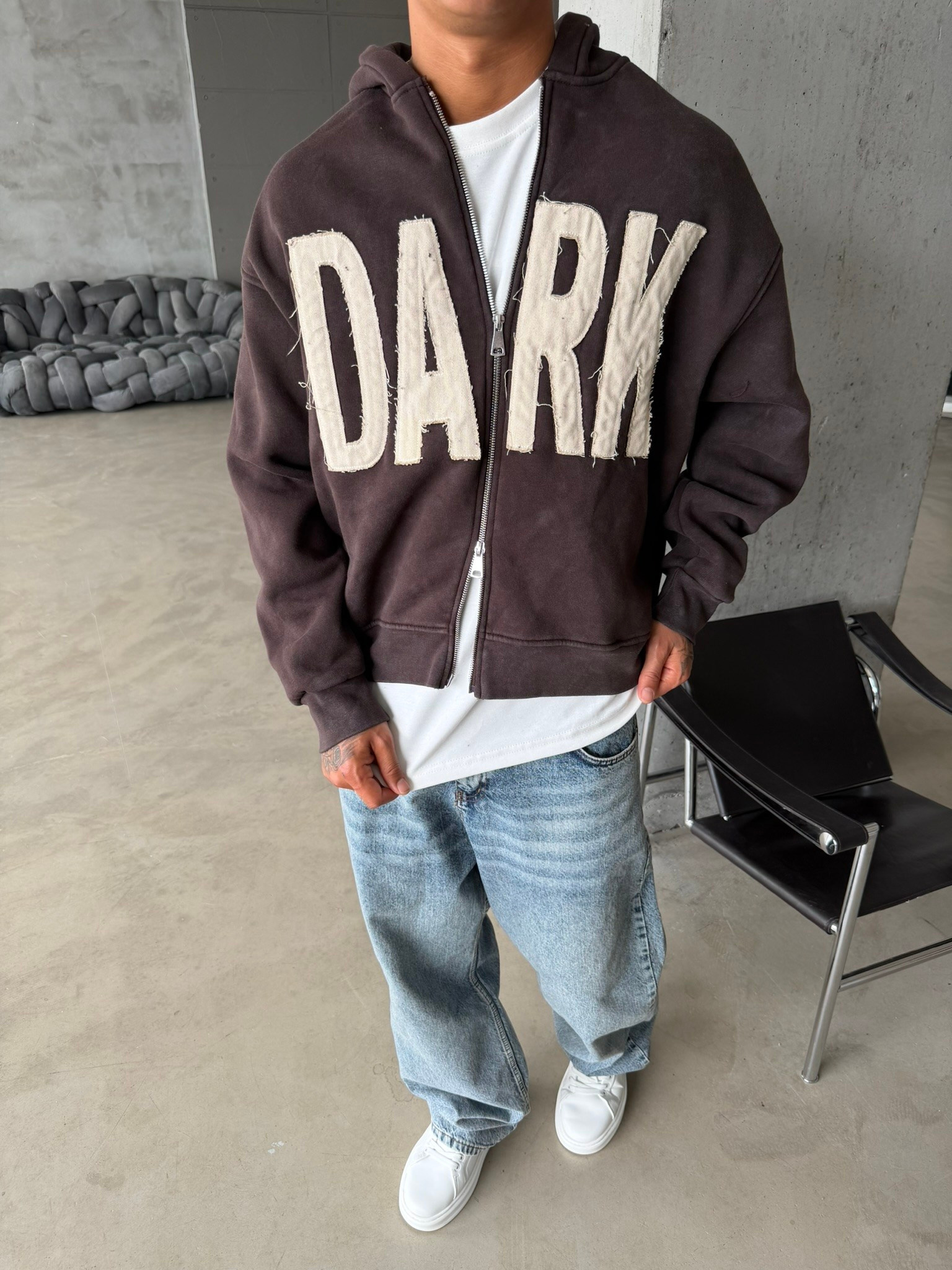 DARK Washed Premium Acid Yıkama Zİp Hoodie