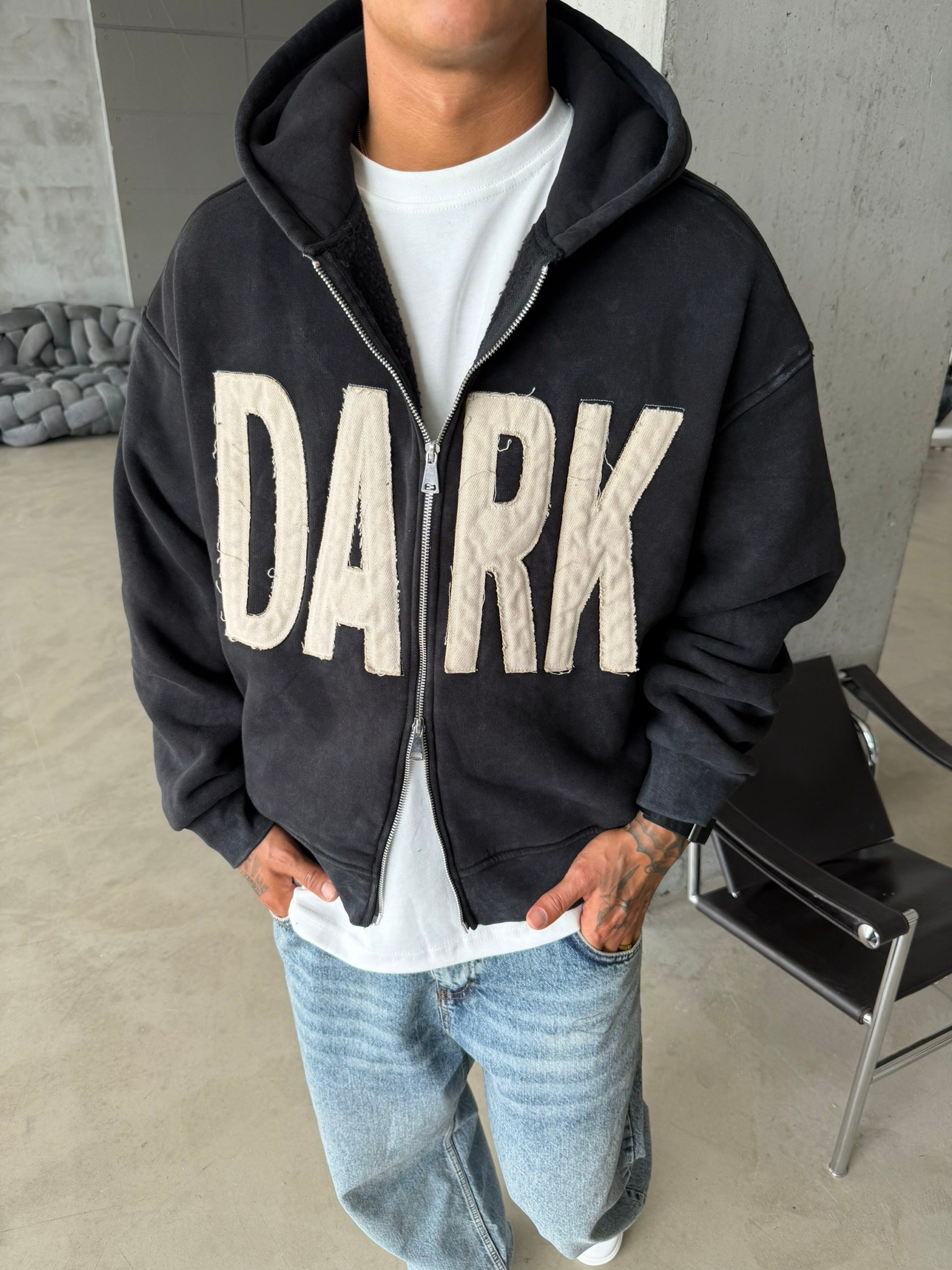 DARK Washed Premium Acid Yıkama Zİp Hoodie