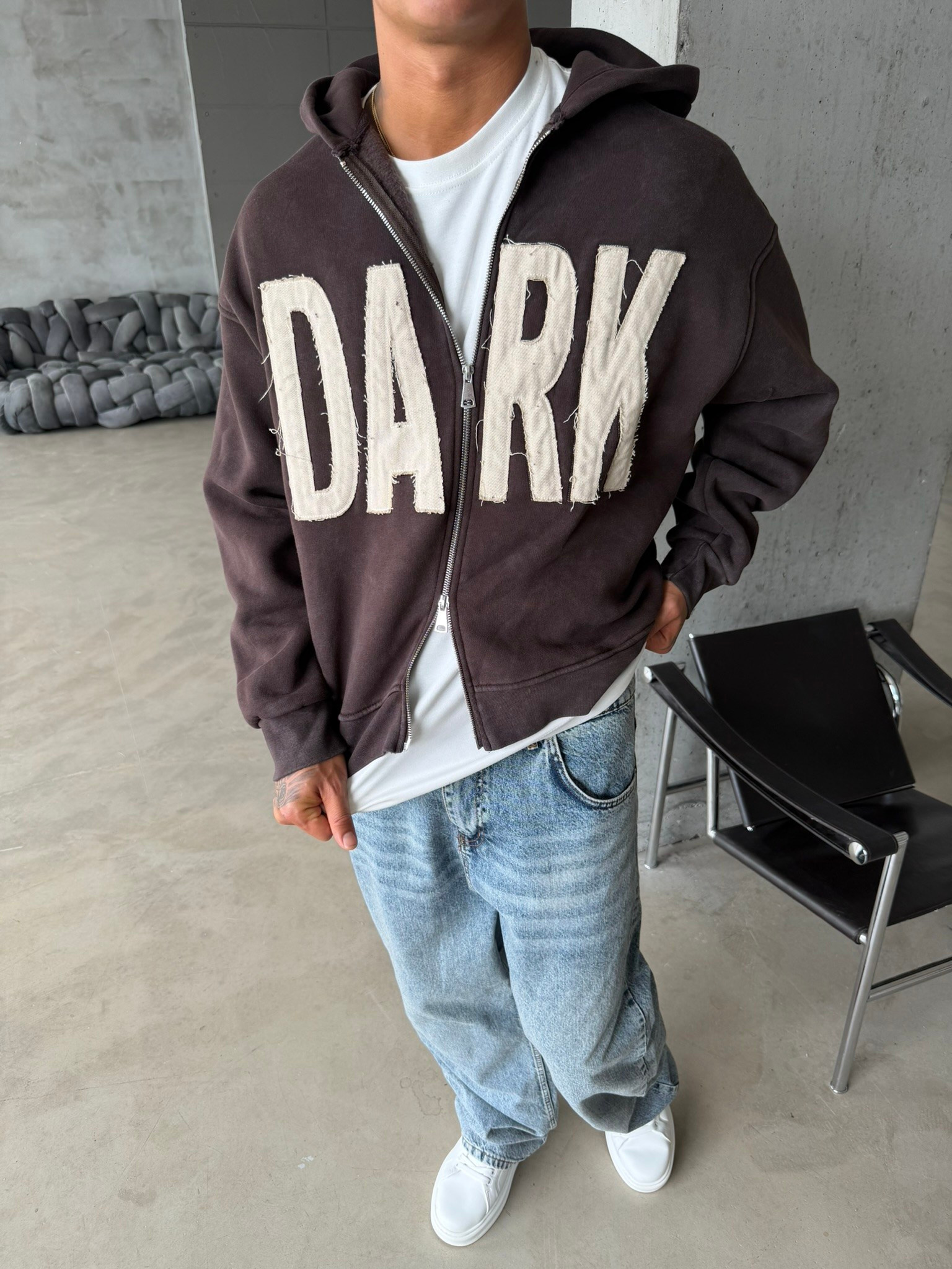 DARK Washed Premium Acid Yıkama Zİp Hoodie