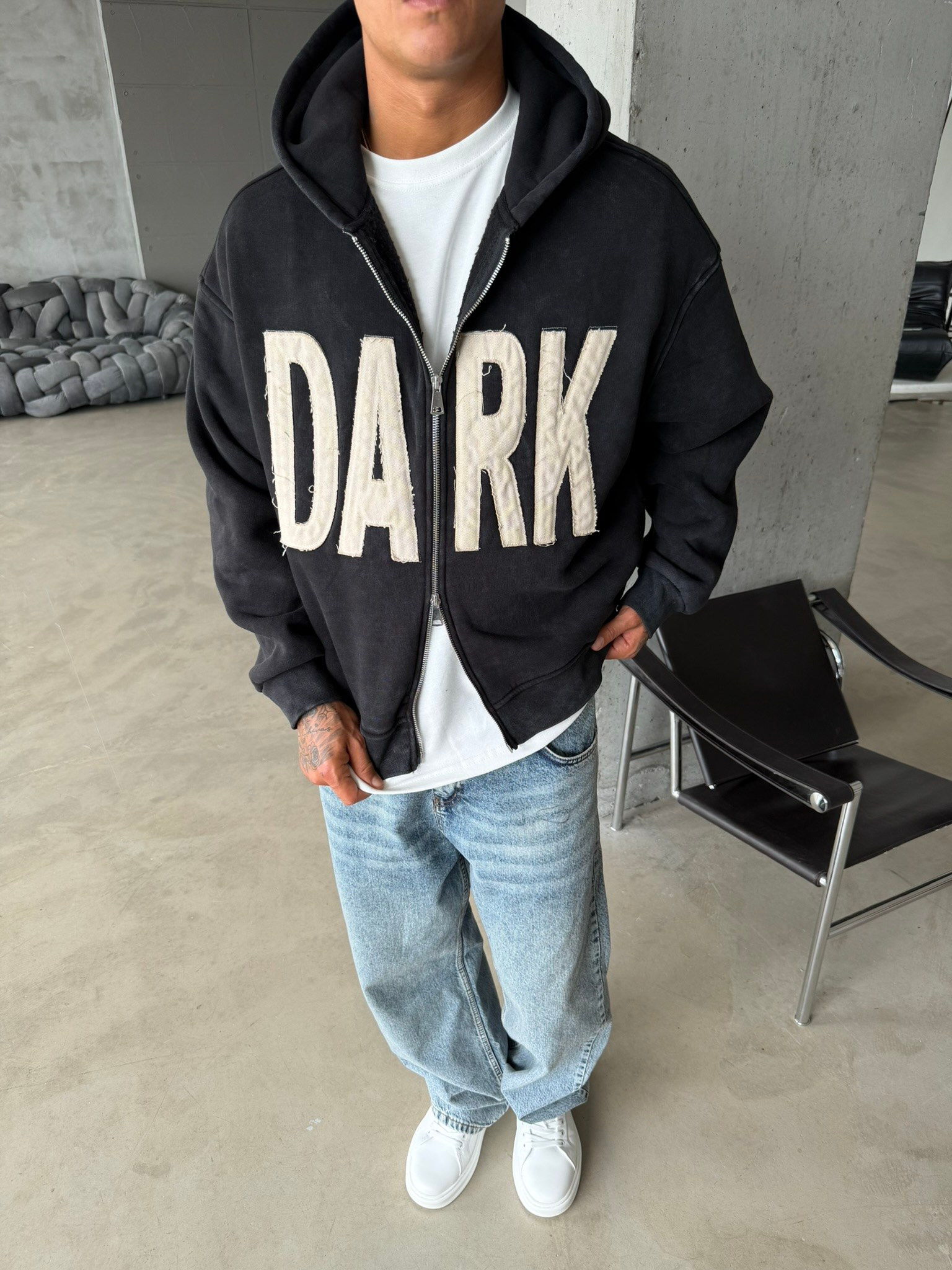 DARK Washed Premium Acid Yıkama Zİp Hoodie