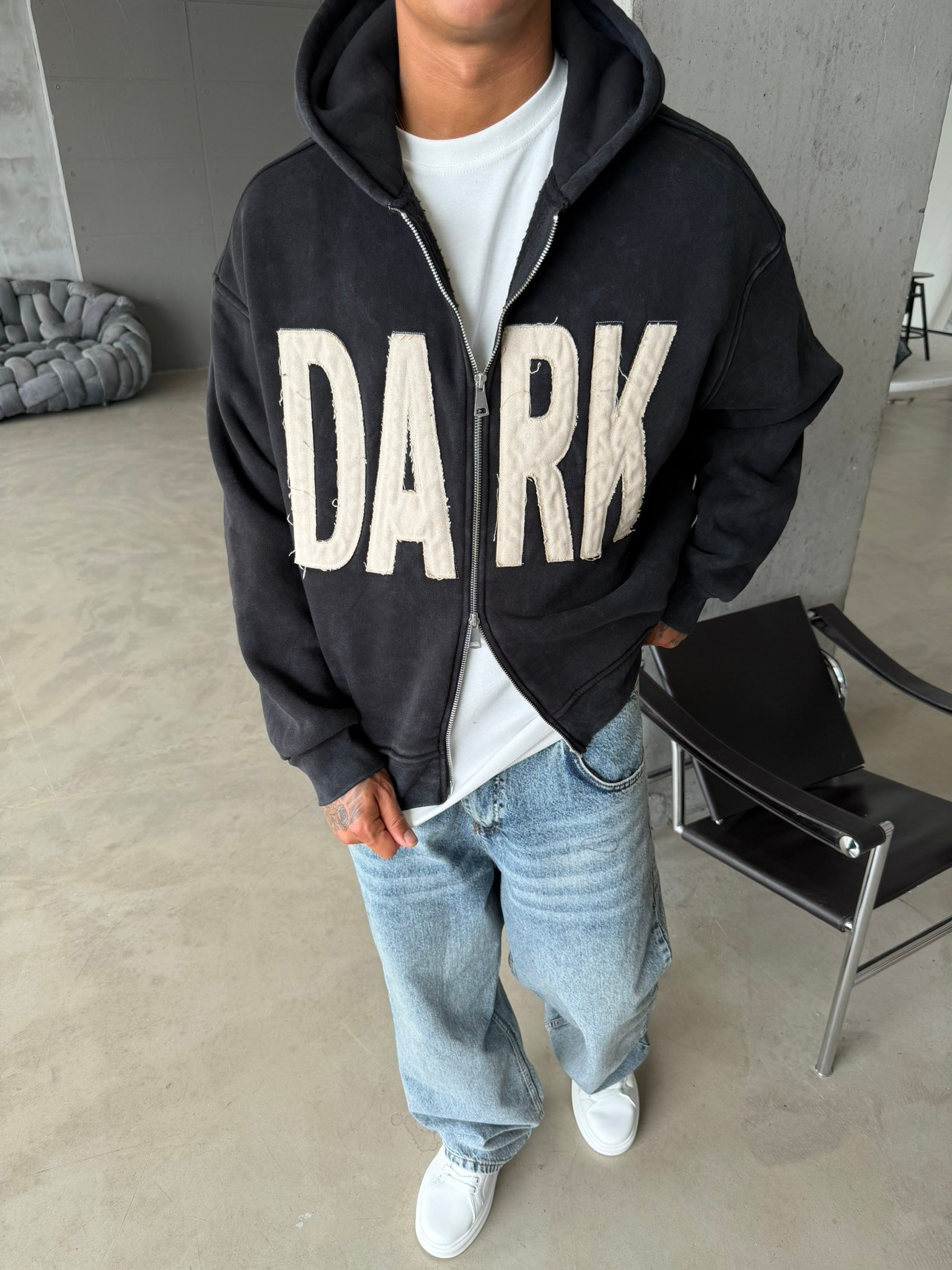 DARK Washed Premium Acid Yıkama Zİp Hoodie