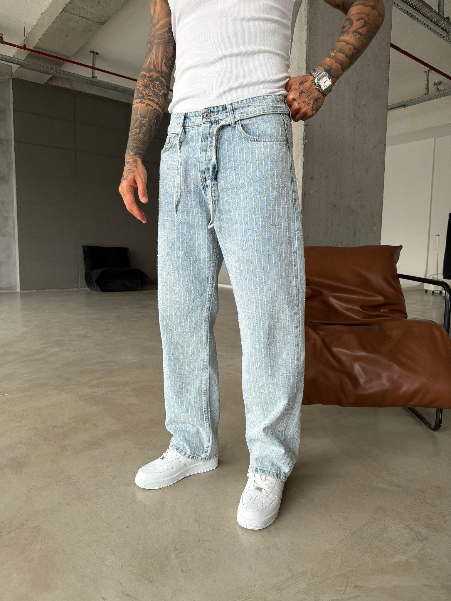 Desing Desenli Premium Baggy Pantolon - Mavi