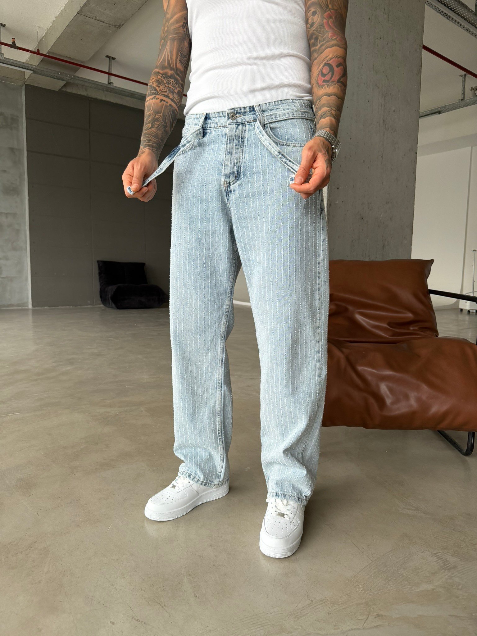 Desing Desenli Premium Baggy Pantolon - Mavi