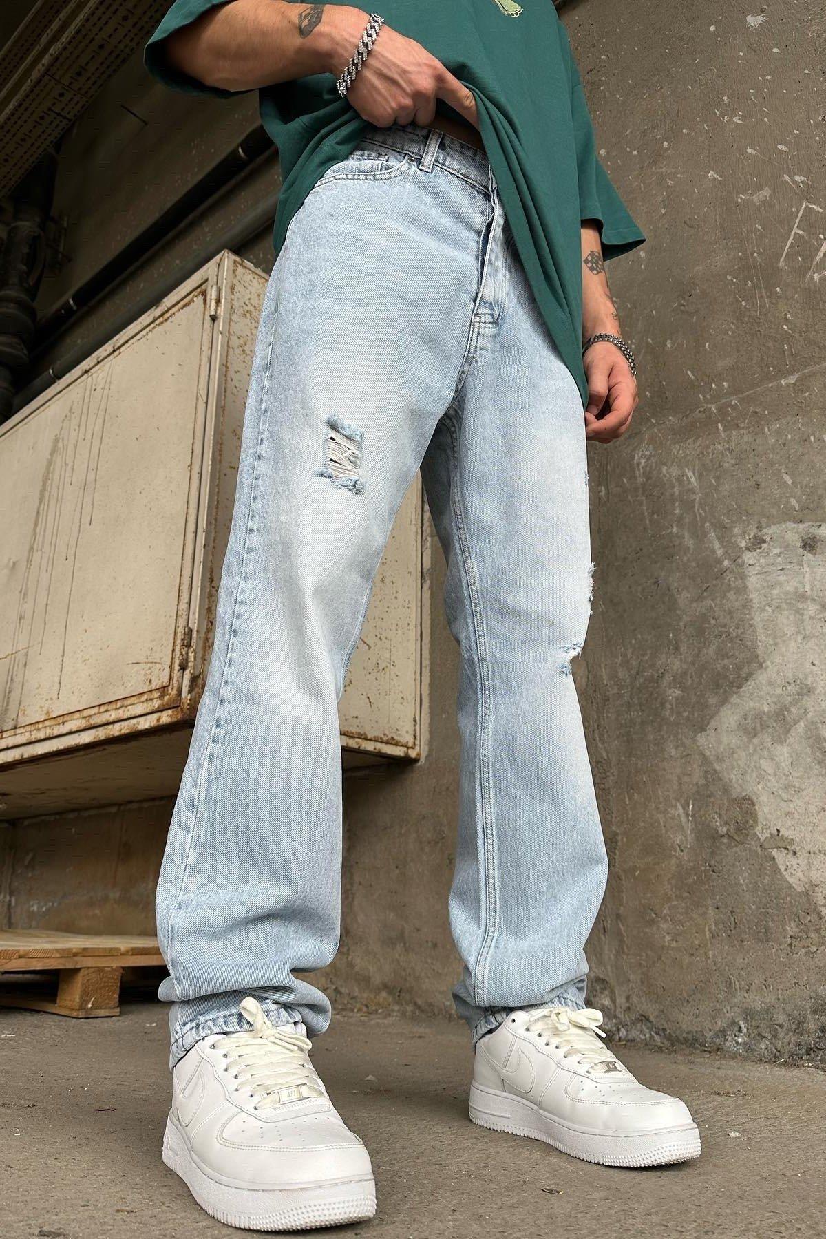 Detaylı Lazerlı Baggy Buz Mavi