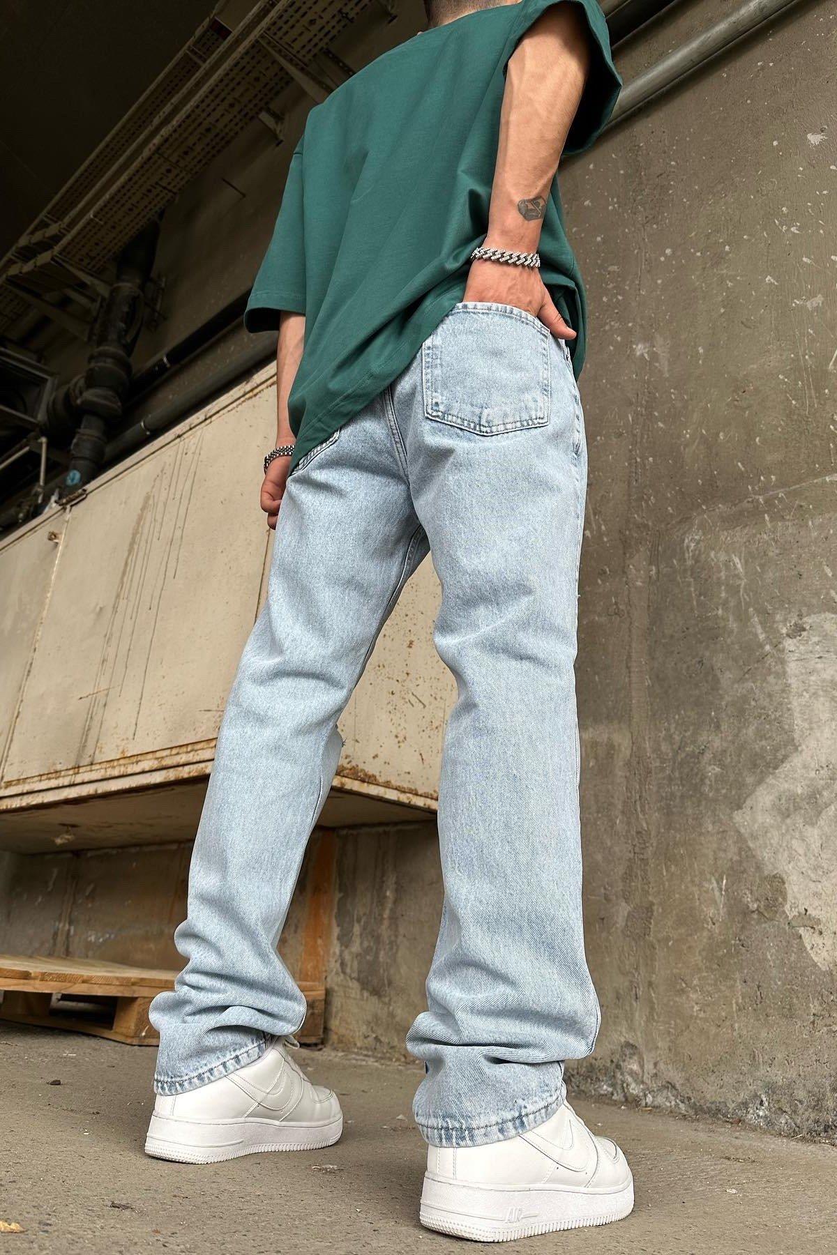 Detaylı Lazerlı Baggy Buz Mavi