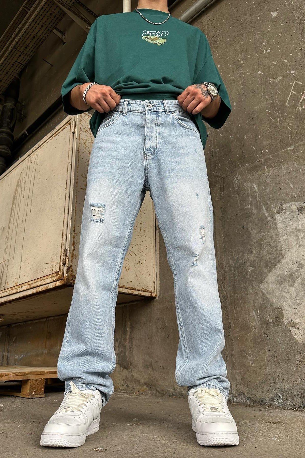 Detaylı Lazerlı Baggy Buz Mavi