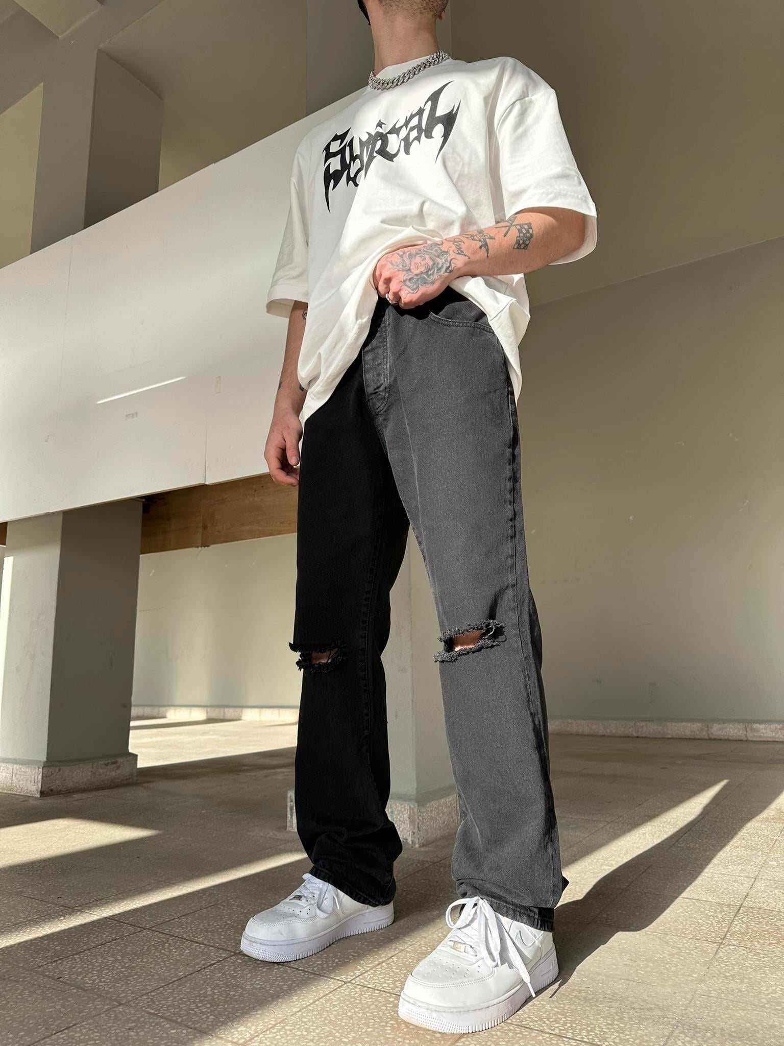 Dizi Yırtık Siyah Baggy Pantolon Siyah