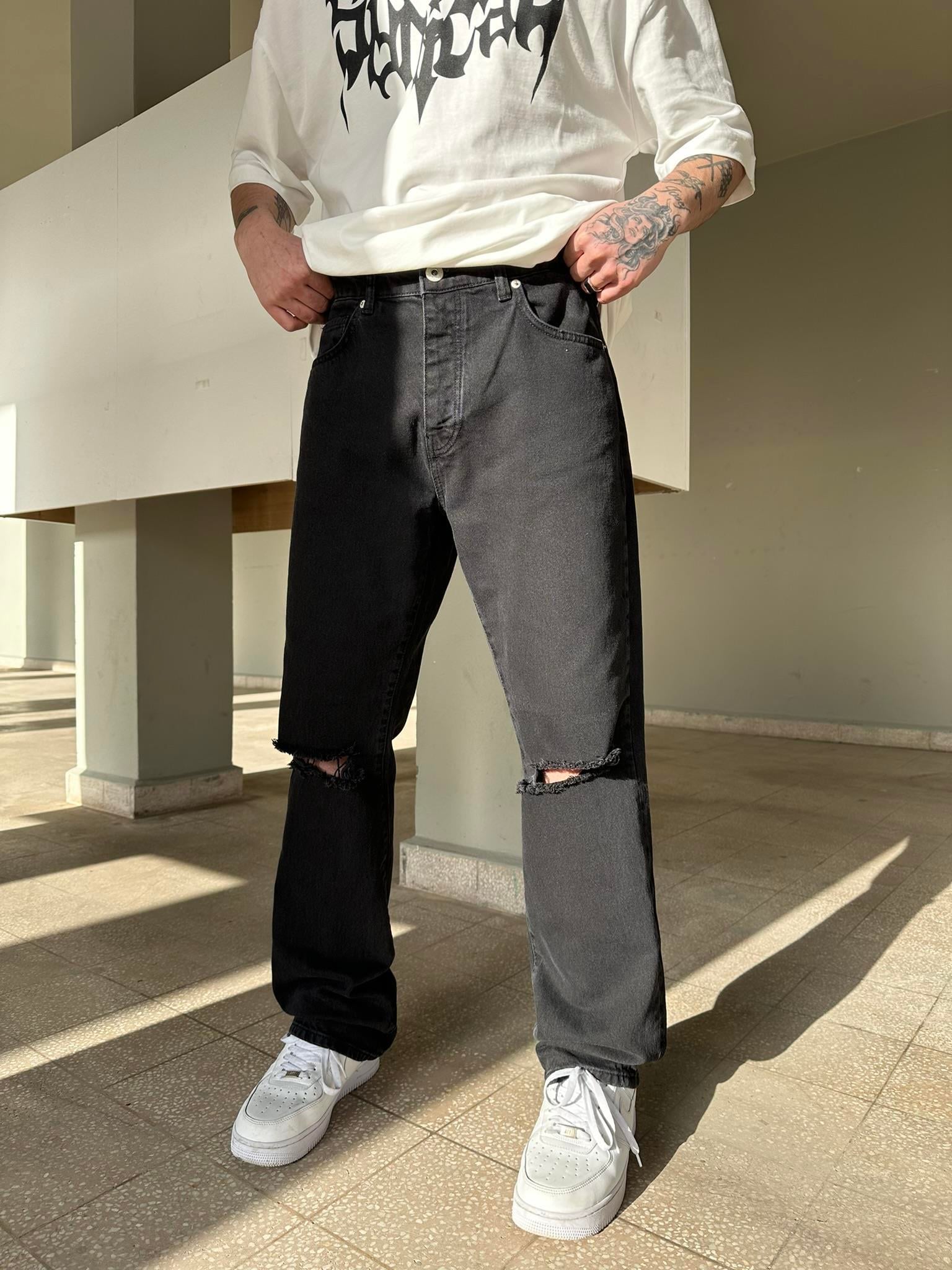 Dizi Yırtık Siyah Baggy Pantolon Siyah