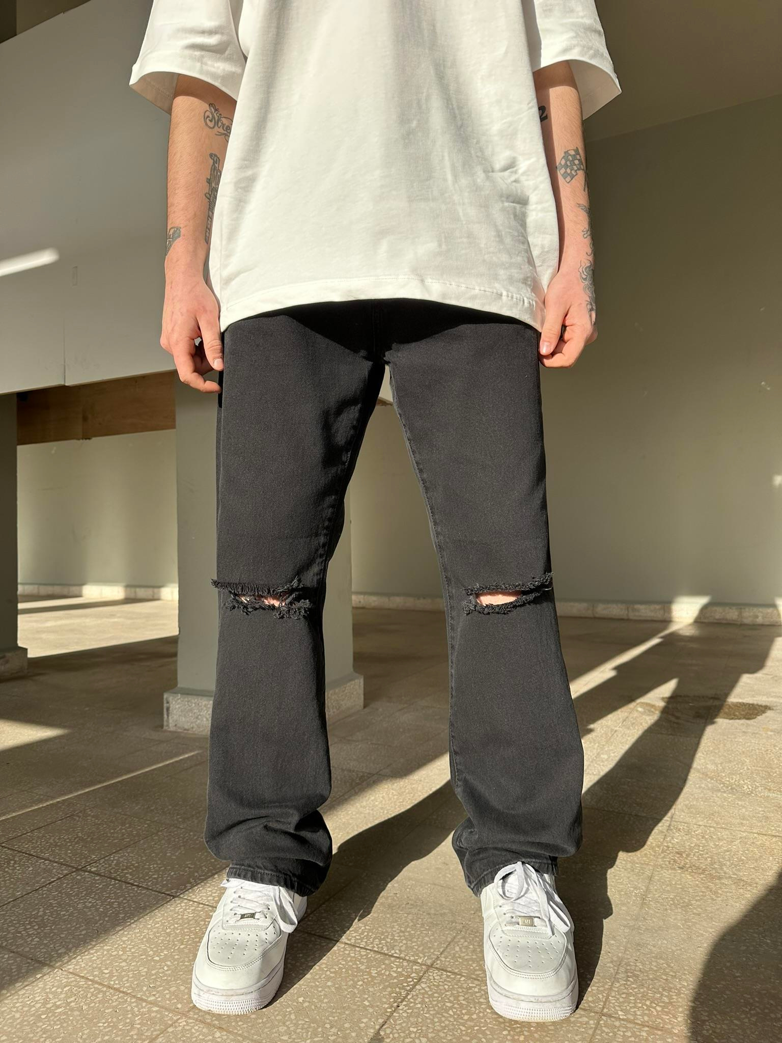 Dizi Yırtık Siyah Baggy Pantolon Siyah