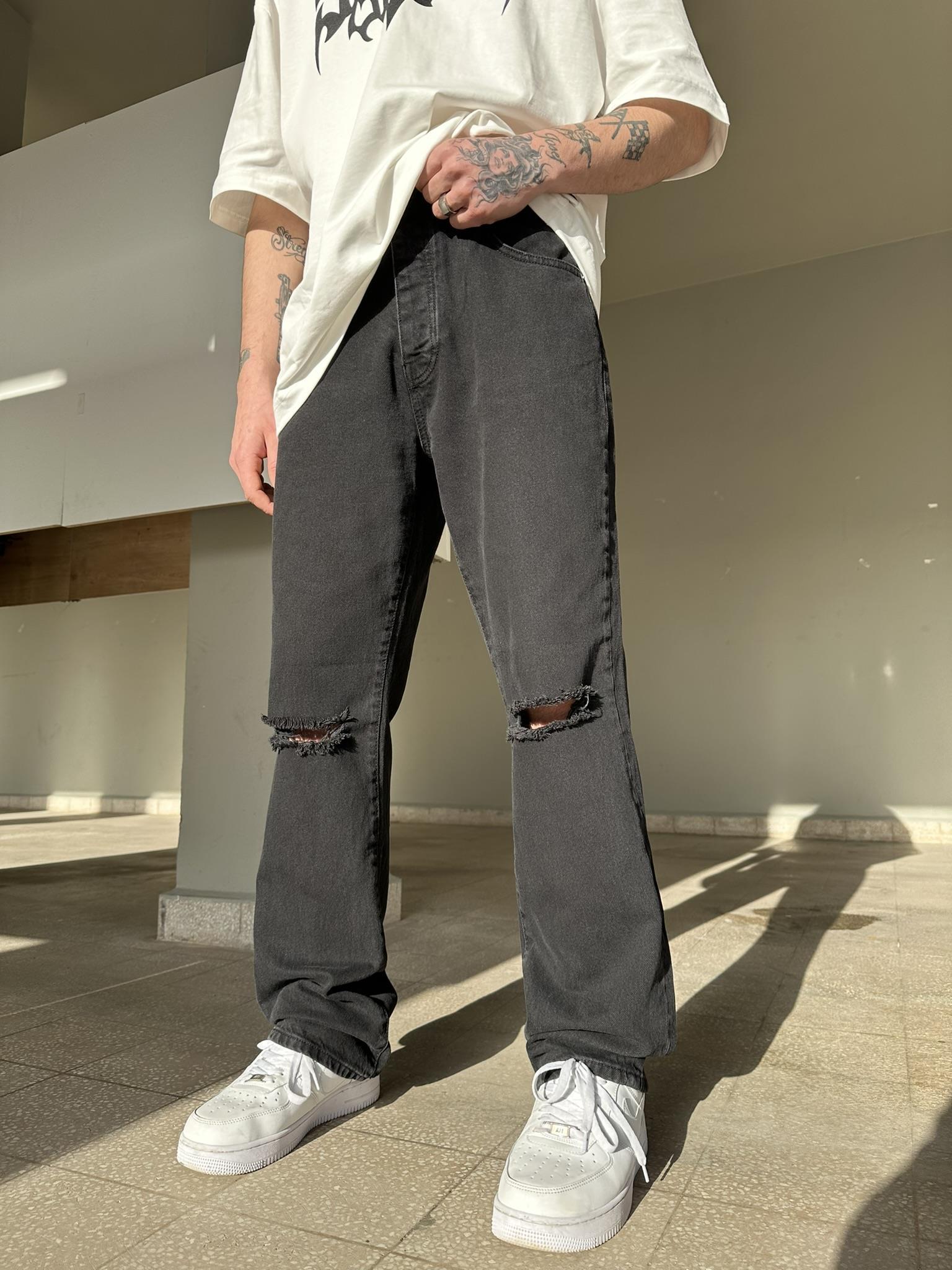Dizi Yırtık Siyah Baggy Pantolon Siyah