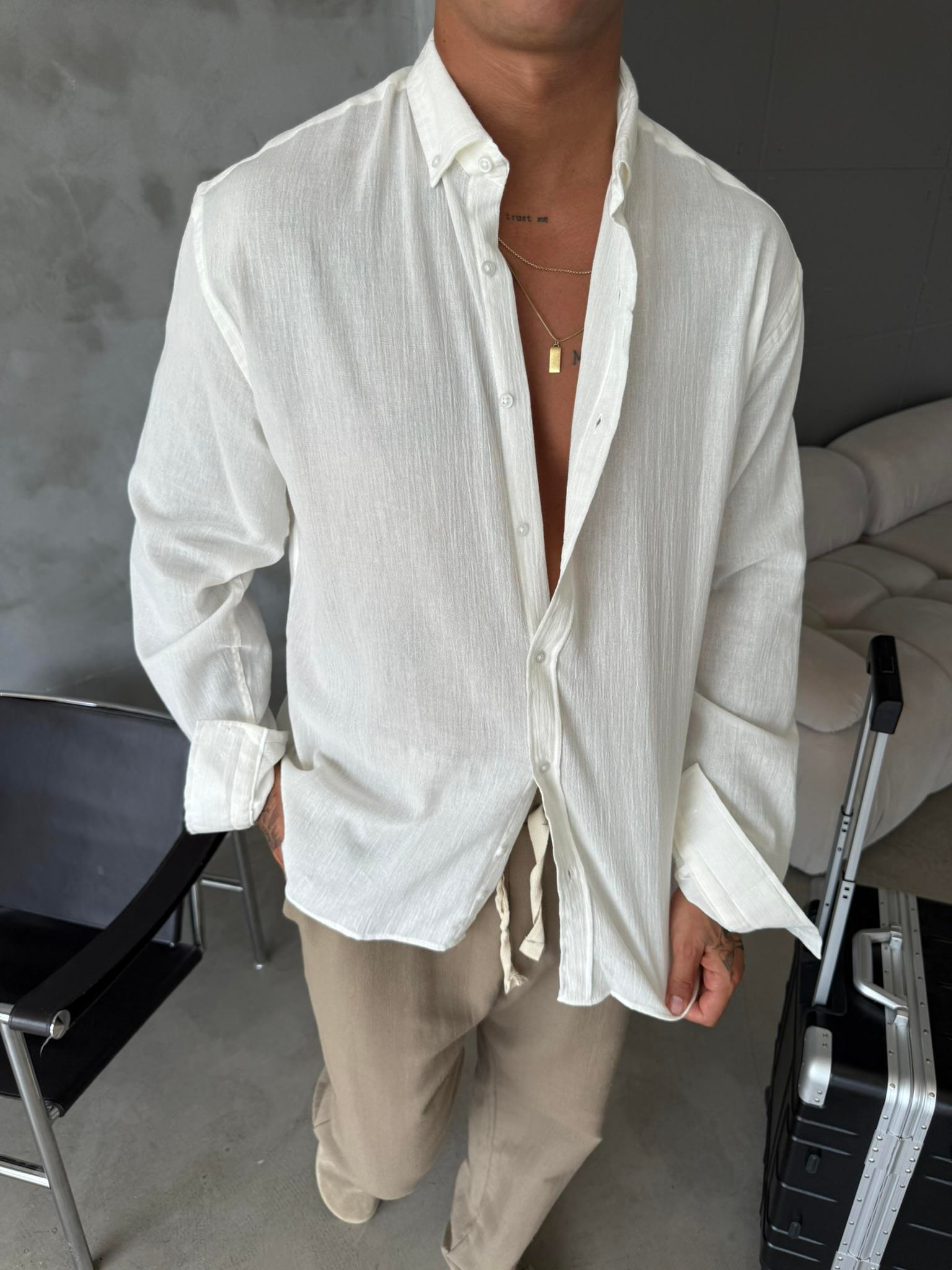 Dokulu Keten Gömlek - Beyaz