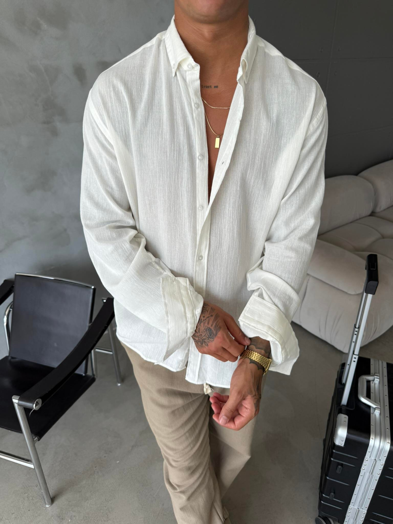 Dokulu Keten Gömlek - Beyaz