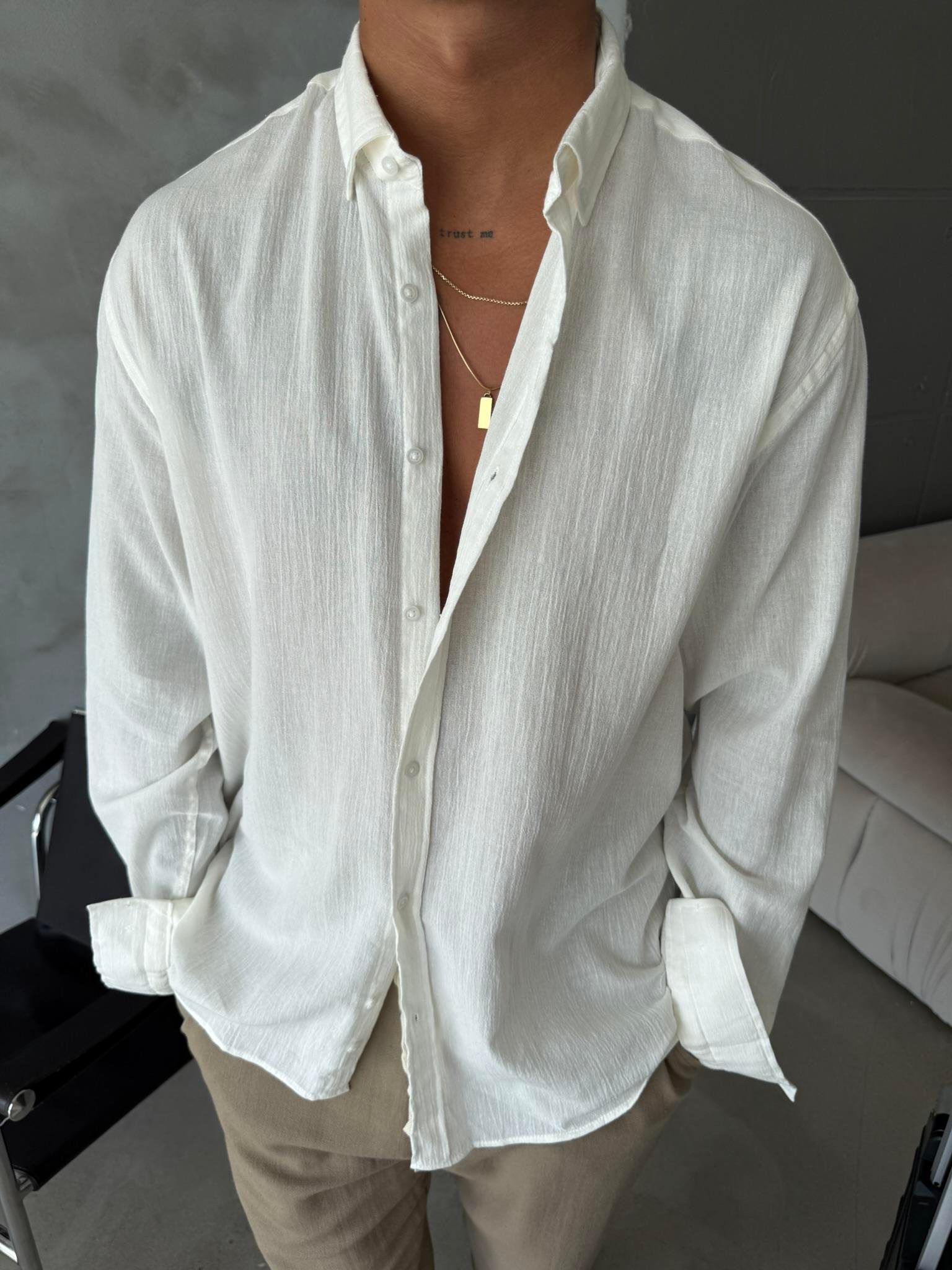 Dokulu Keten Gömlek - Beyaz