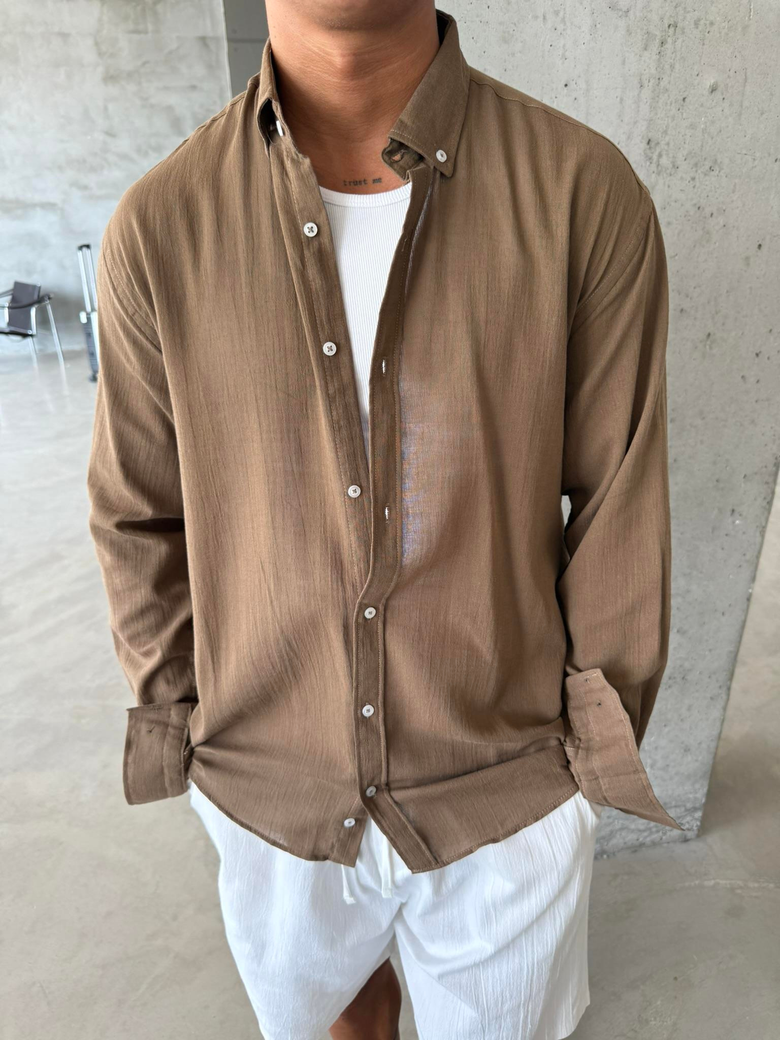 Dokulu Keten Gömlek - Kahve
