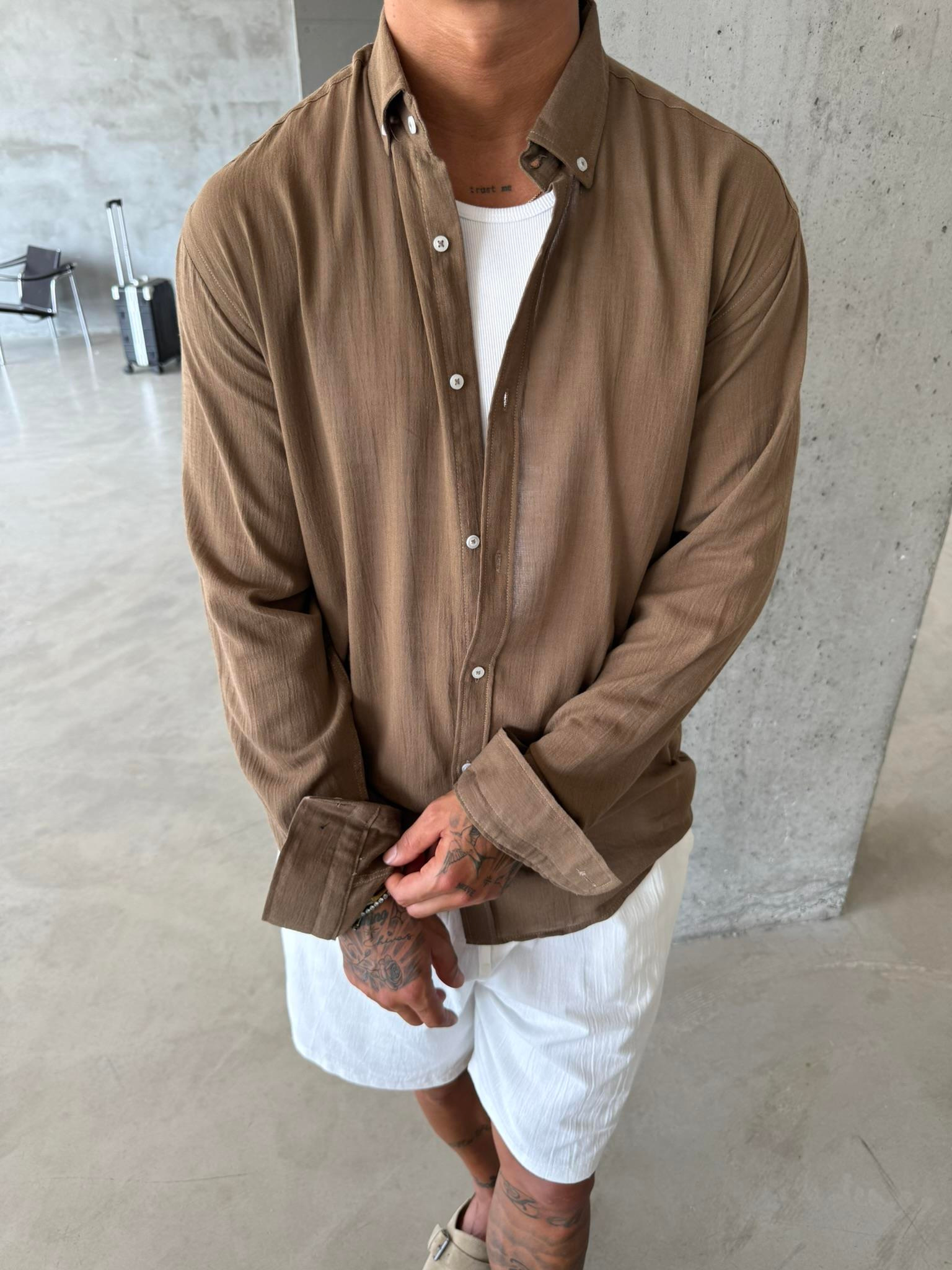 Dokulu Keten Gömlek - Kahve