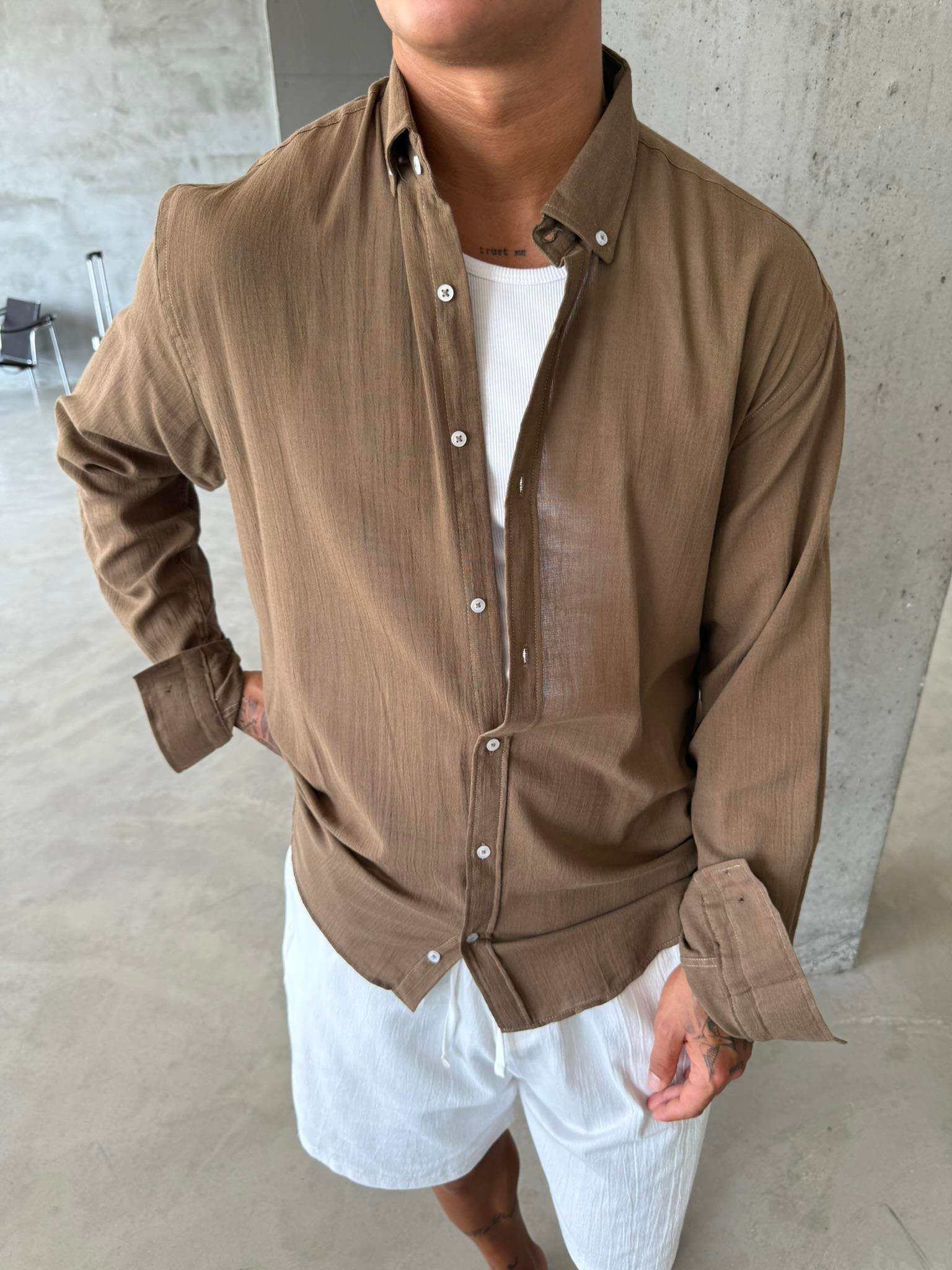 Dokulu Keten Gömlek - Kahve