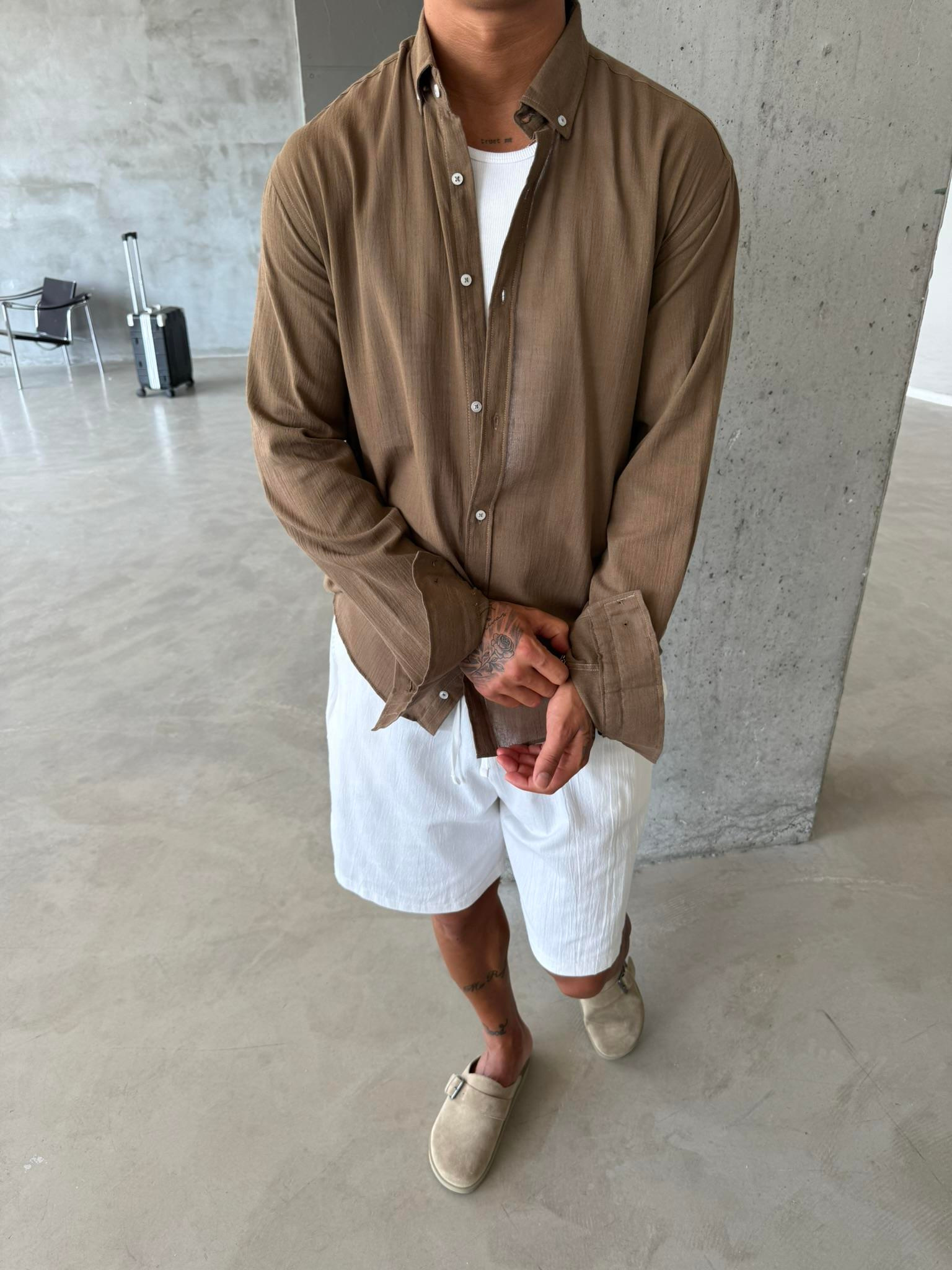 Dokulu Keten Gömlek - Kahve