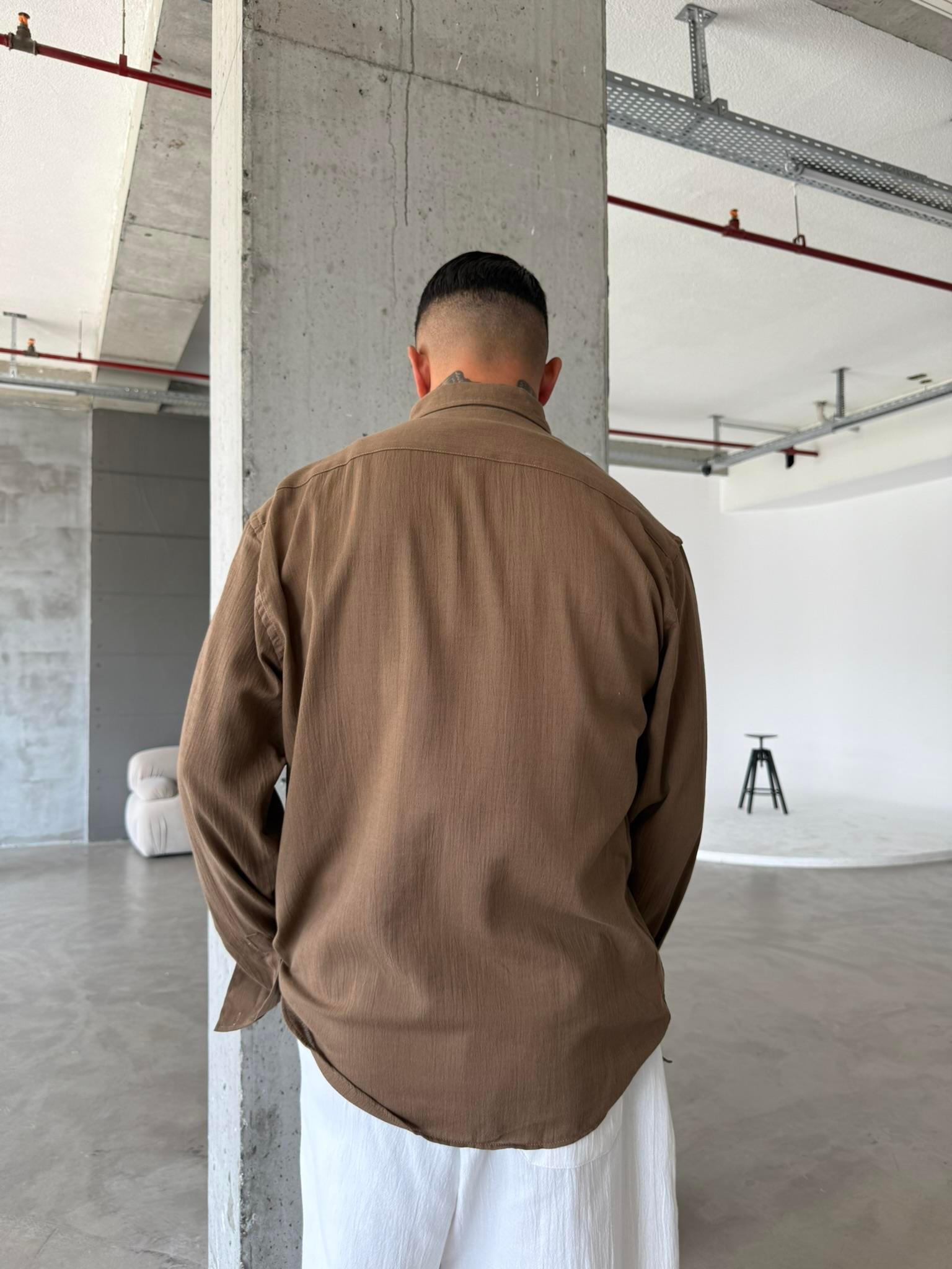 Dokulu Keten Gömlek - Kahve